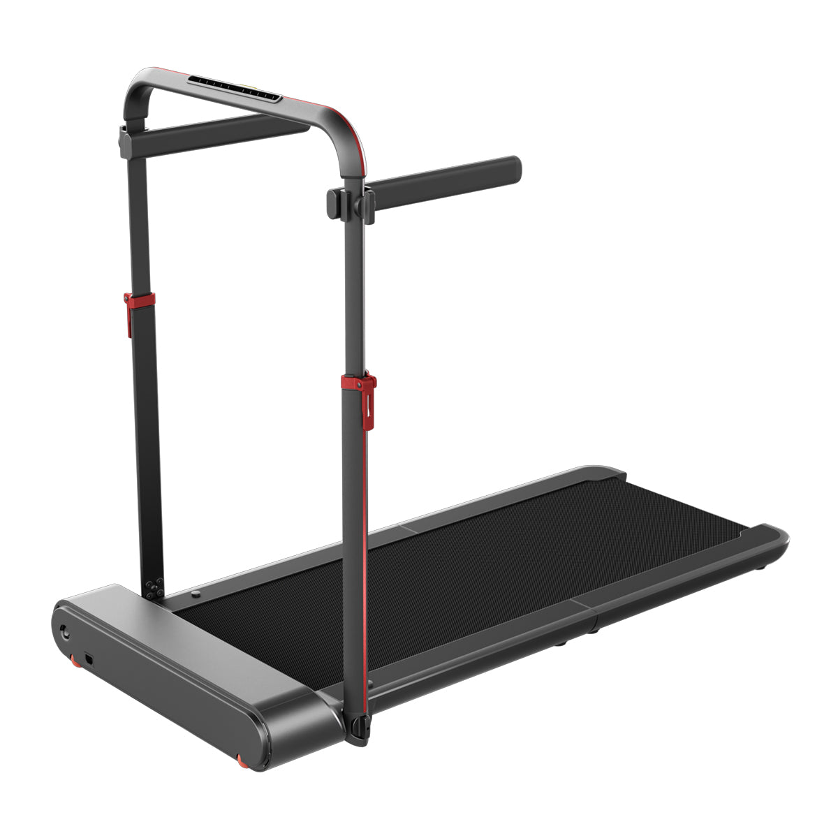 Das Kingsmith WalkingPad R1/R1H ist ein modernes, klappbares Laufband mit Handlauf und Digitalanzeige im schwarz-silbernen Design mit roten Akzenten. Max. Geschwindigkeit: 10 km/h.