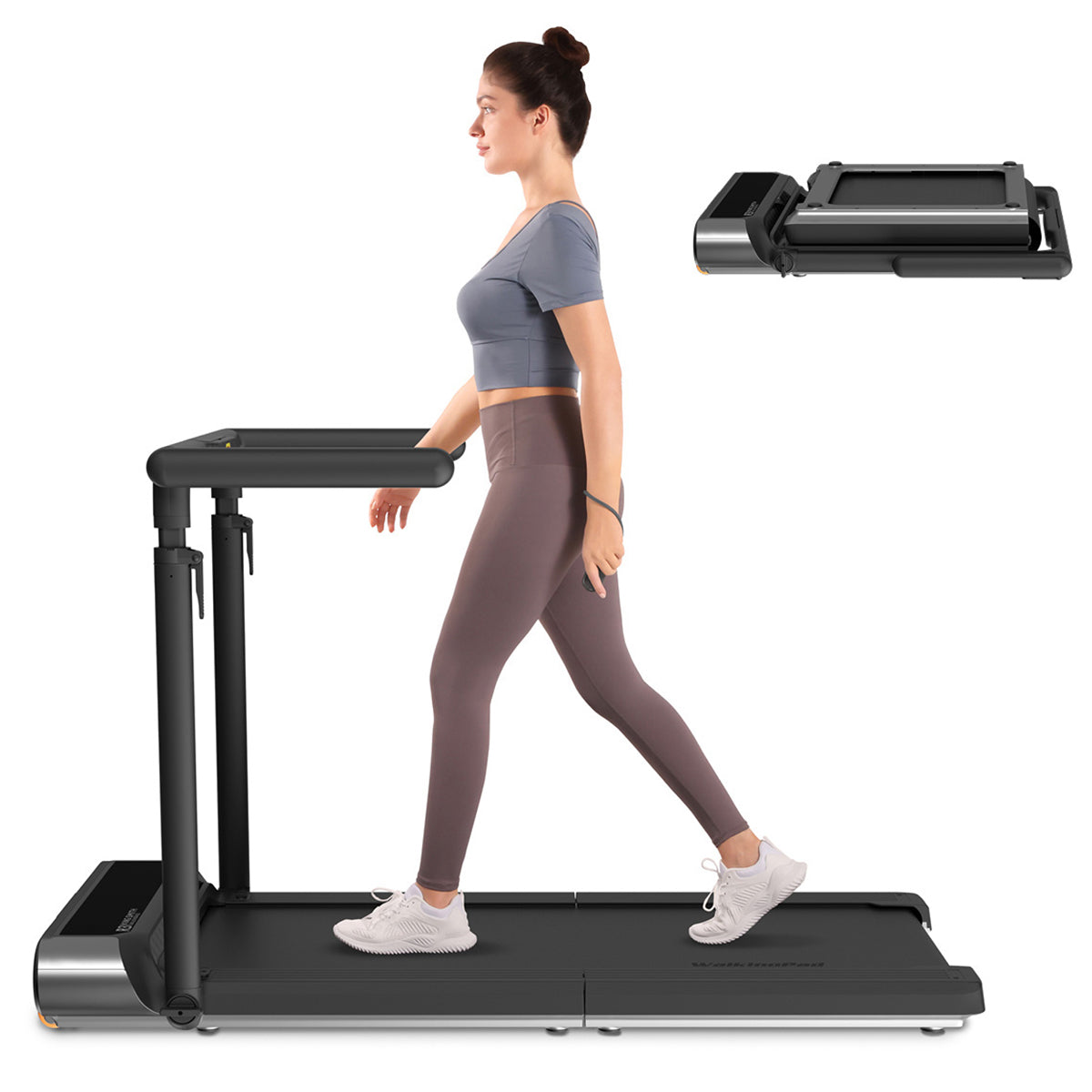 Eine Frau läuft auf einem Kingsmith WalkingPad R3 Hybrid+ Klappbares Laufband bis 12 km/h mit verstellbarem Tisch; ein Einsatz zeigt das kompakte, faltbare Laufband platzsparend verstaut.