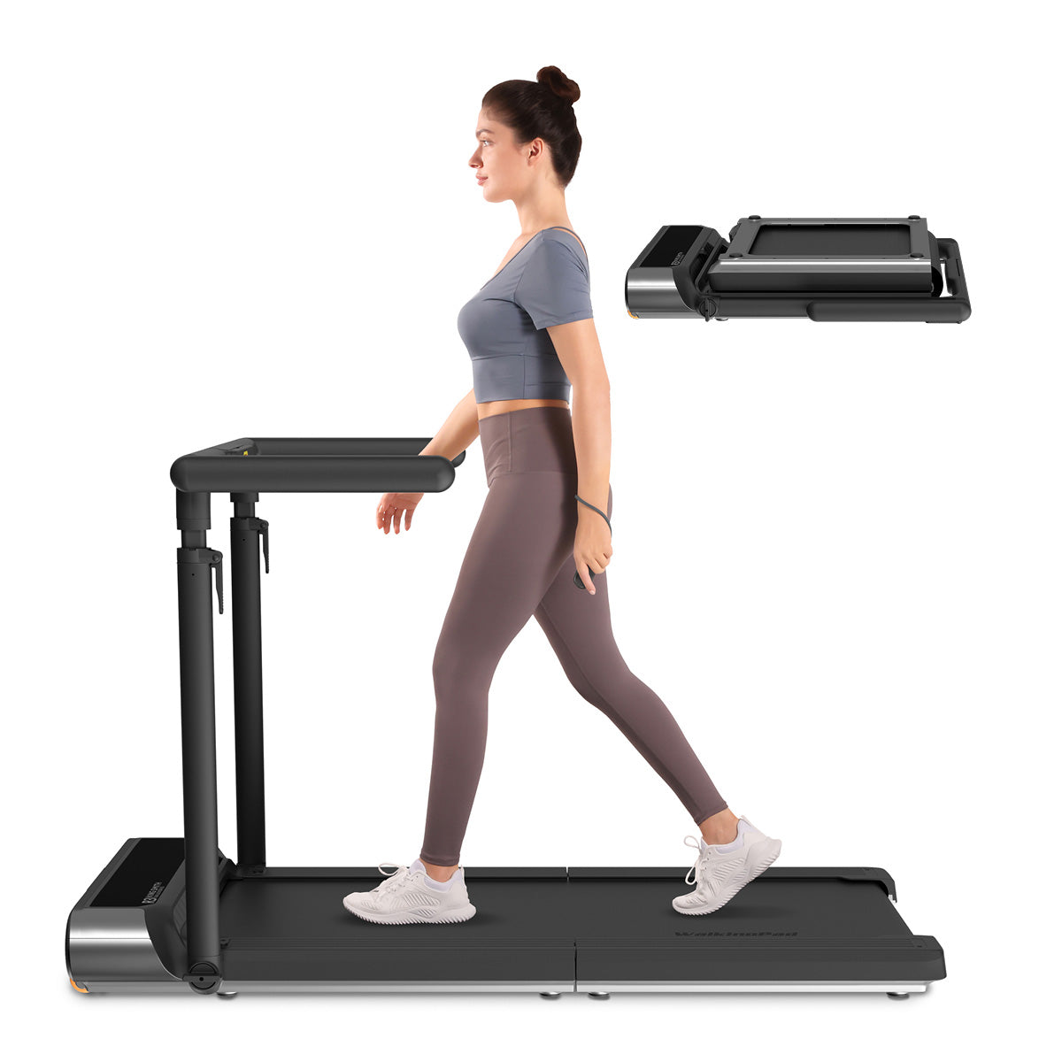 Eine Frau läuft auf dem Kingsmith WalkingPad R3 Hybrid+ Klappbares Laufband bis 12 km/h; sein faltbares Design ist oben als Referenz dargestellt.