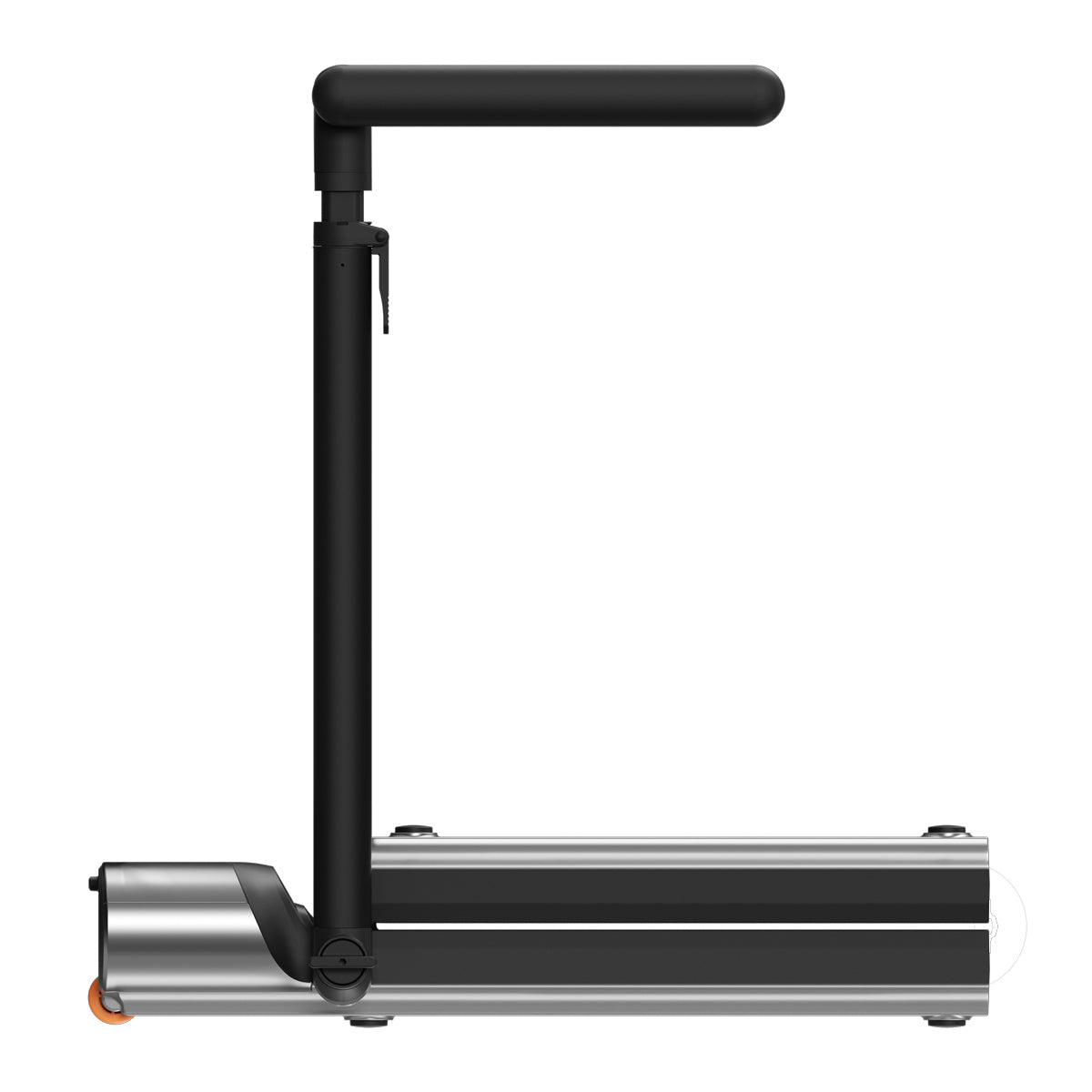 Seitenansicht des kompakten, faltbaren WalkingPad R3 Hybrid+ Laufbandes von Kingsmith. Mit seinem schlanken Design und dem geschwungenen Griff, ähnlich einem E-Scooter, erreicht dieses klappbare Laufband Geschwindigkeiten bis zu 12 km/h.