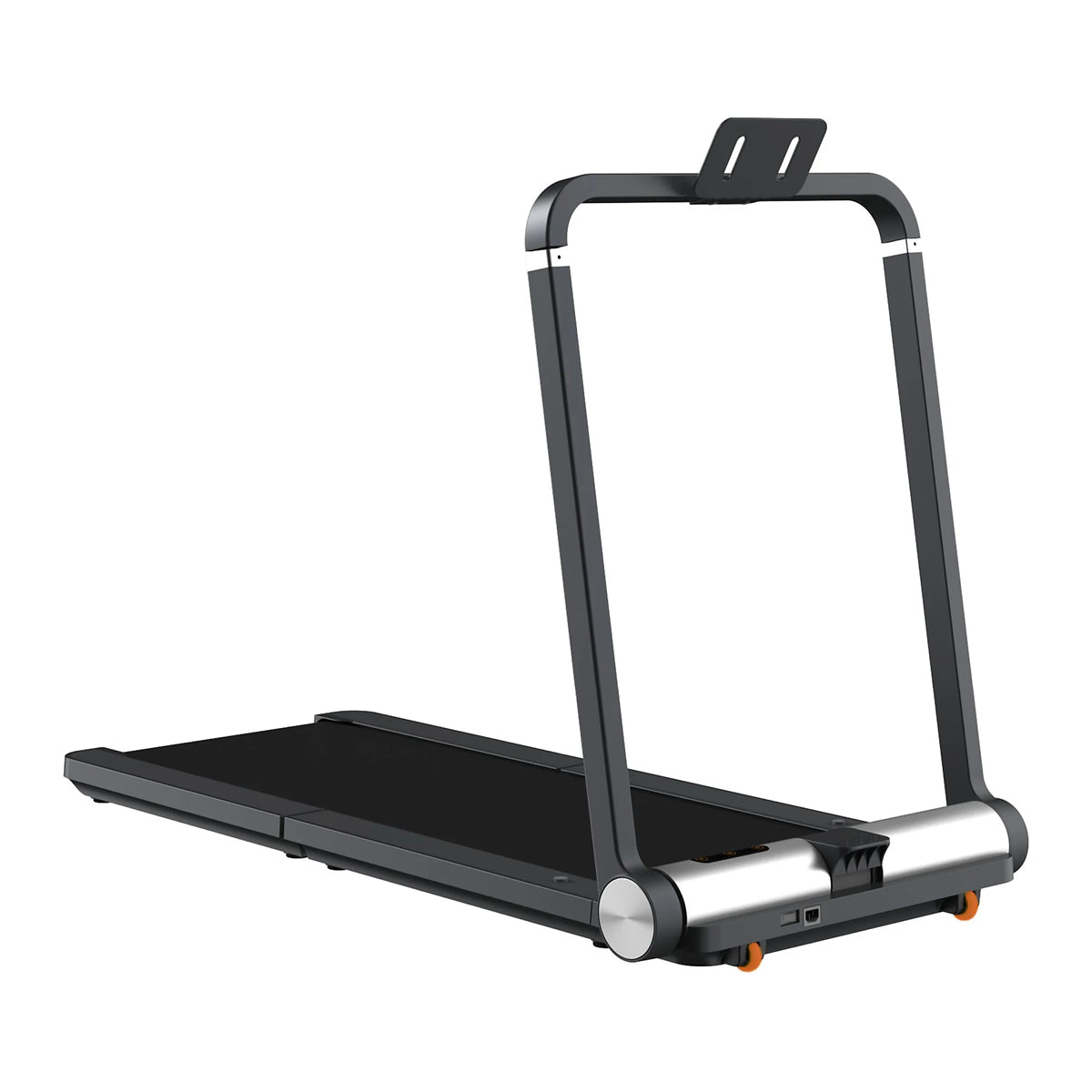 Das Kingsmith WalkingPad MC21 Klappbares Laufband (bis 10 km/h, 110 kg) in Schwarz und Silber verfügt über einen aufrechten Lenker, eine integrierte Gerätehalterung und minimalistisches Design - ideal für Zuhause.