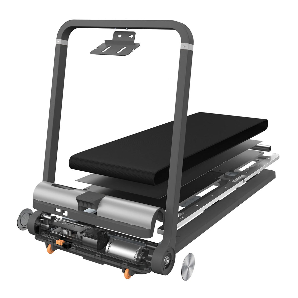 Das Kingsmith WalkingPad MC21 Klappbares Laufband bis 10 km/h & 110 kg zeigt sein Motor- und Riemensystem exponiert vor einem weißen Hintergrund - perfekt als kompaktes Laufband für Zuhause.
