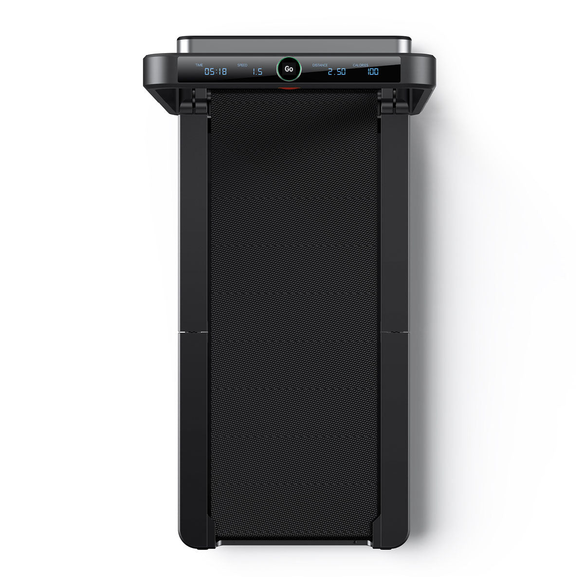 Draufsicht auf das Kingsmith WalkingPad X21 – ein klappbares Laufband mit einem eleganten schwarzen Design und einem digitalen Display, das vor weißem Hintergrund Zeit, Geschwindigkeit (bis zu 12 km/h) und zurückgelegte Strecke anzeigt.