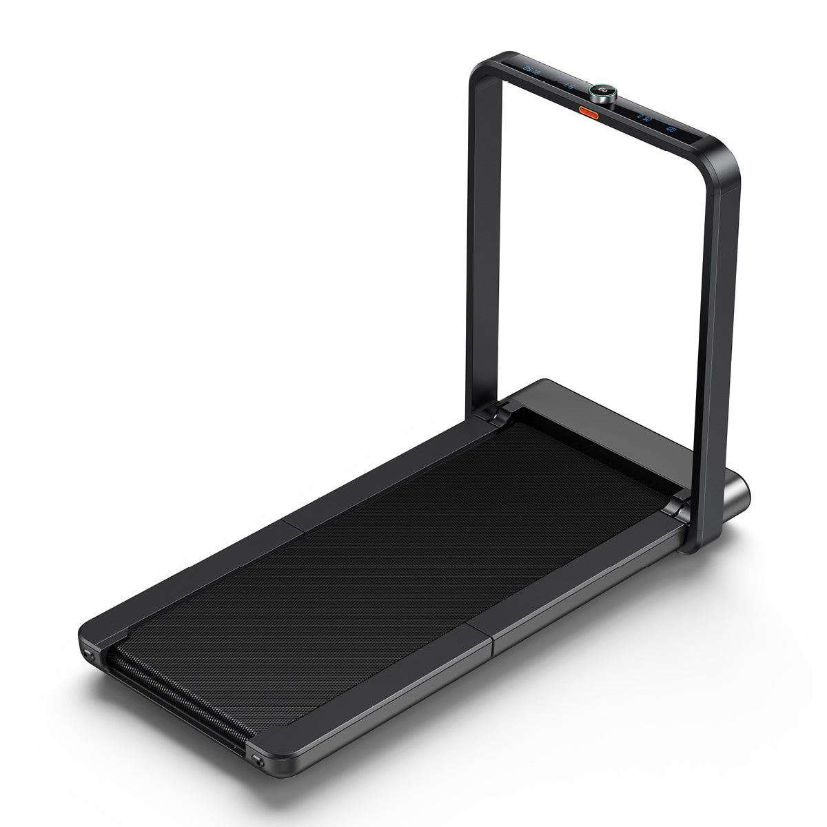 Das Kingsmith WalkingPad X21, ein schwarzes, klappbares Laufband mit schlankem Rahmen, aufrechter Handlaufstange und oben angebrachtem Bedienfeld, ist vor einem weißen Hintergrund abgebildet.
