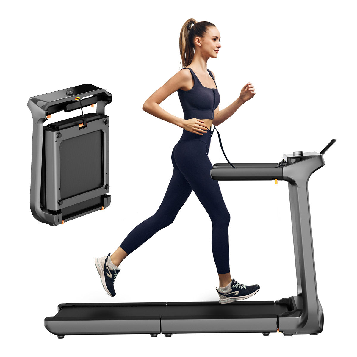 Eine Frau joggt auf dem Kingsmith WalkingPad X218 Klappbares Laufband mit Handläufen (bis 18 km/h, 136 kg), mit einer separaten Ansicht, die es hochgeklappt zur Aufbewahrung zeigt.