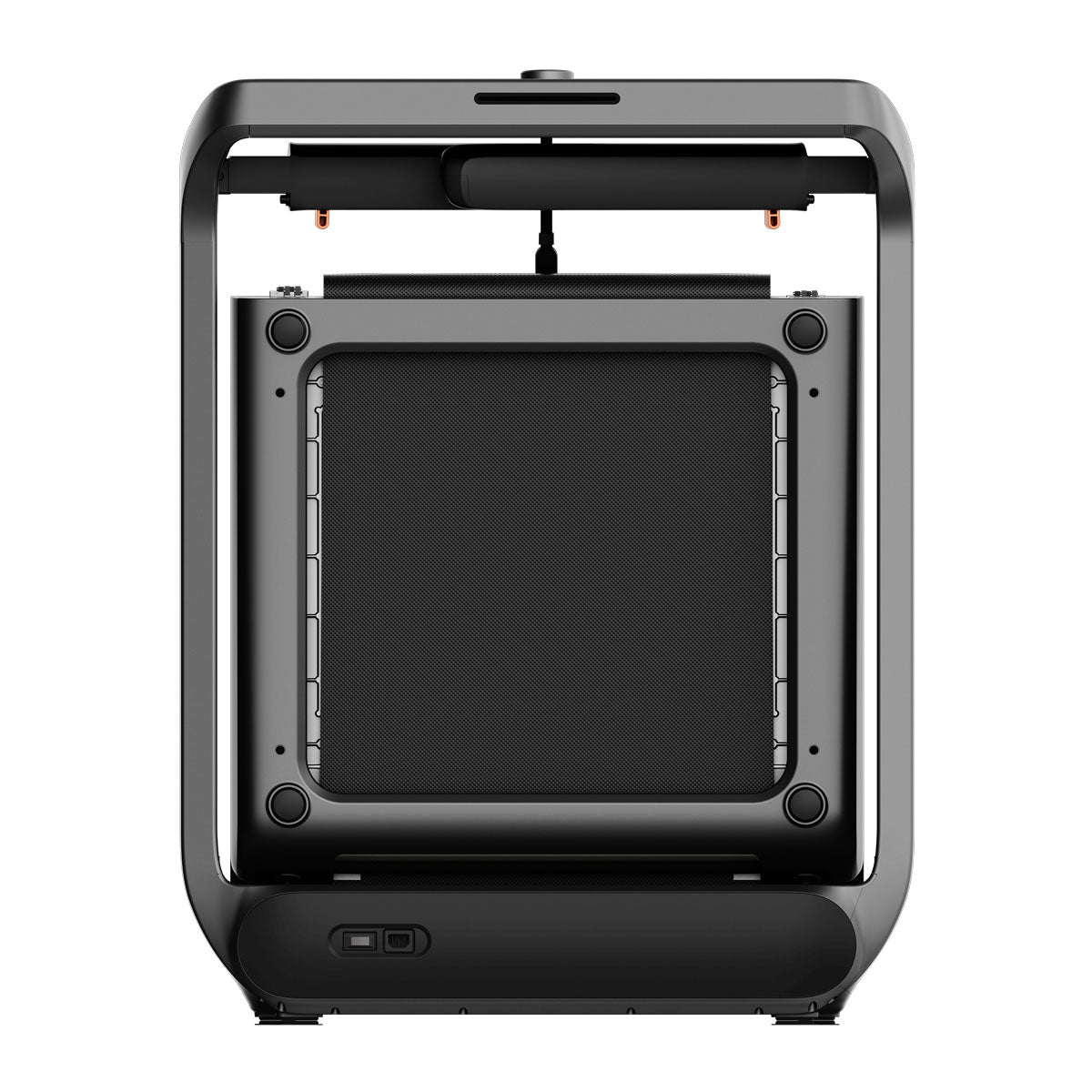 Eine Frontansicht eines modernen schwarzen Desktop-3D-Druckers, der seine Bauplattform zeigt - ideal für innovative Räume, die kompakte Geräte wie das Kingsmith WalkingPad X218 Klappbares Laufband mit Handläufen, bis 18 km/h & 136 kg, schätzen.