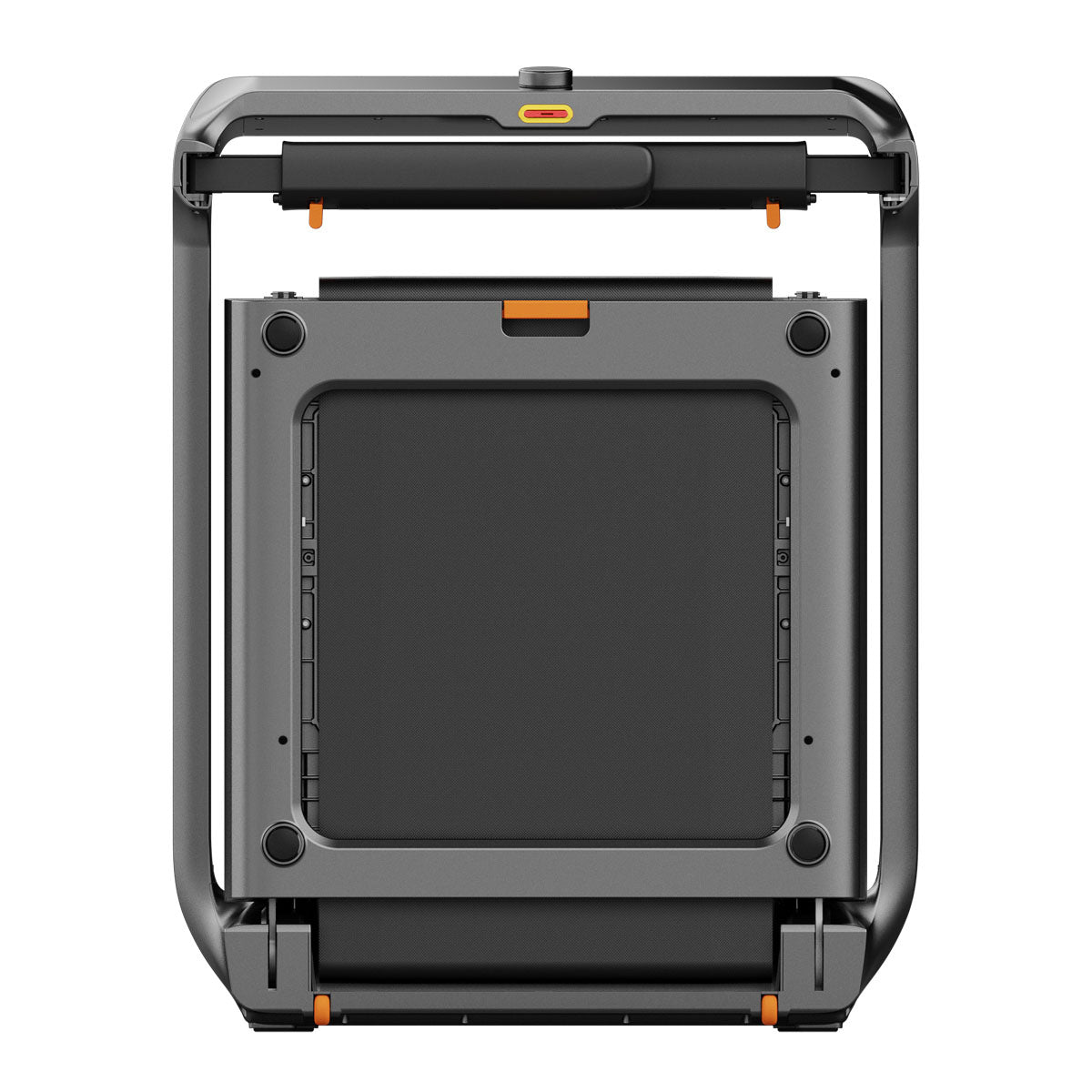Eine Draufsicht auf einen zusammengeklappten tragbaren Elektrogrill mit quadratischer Kochfläche, dunkelgrauem Gehäuse und orangefarbenen Akzenten - elegant und kompakt wie der Kingsmith WalkingPad X218 Klappbares Laufband mit Handläufen.