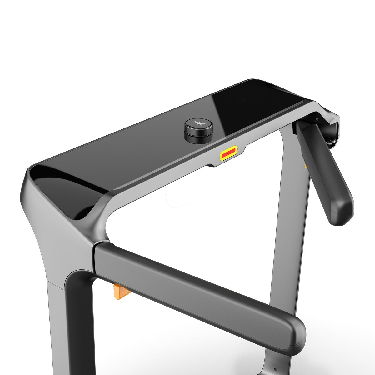 Eine Nahaufnahme des Bedienfelds des Kingsmith WalkingPad X218 Klappbares Laufband zeigt einen einzelnen Drehknopf, einen gelben Not-Aus-Knopf und schwarze Handläufe - ideal für leises, effizientes Training bei Geschwindigkeiten bis zu 18 km/h und Lasten bis zu 136 kg.