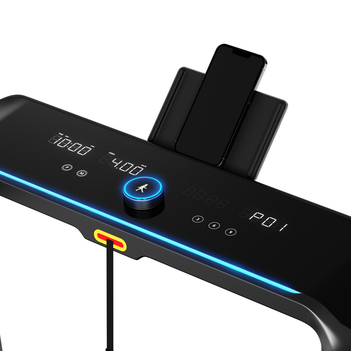 Nahaufnahme des Display-Panels des Kingsmith WalkingPad X218 klappbares Laufband mit Handläufen mit digitalen Anzeigen, einem Steuerknopf, Touch-Buttons und einer Smartphone-Halterung - genießen Sie ein ruhiges Training bei einer Geschwindigkeit von bis zu 18 km/h.