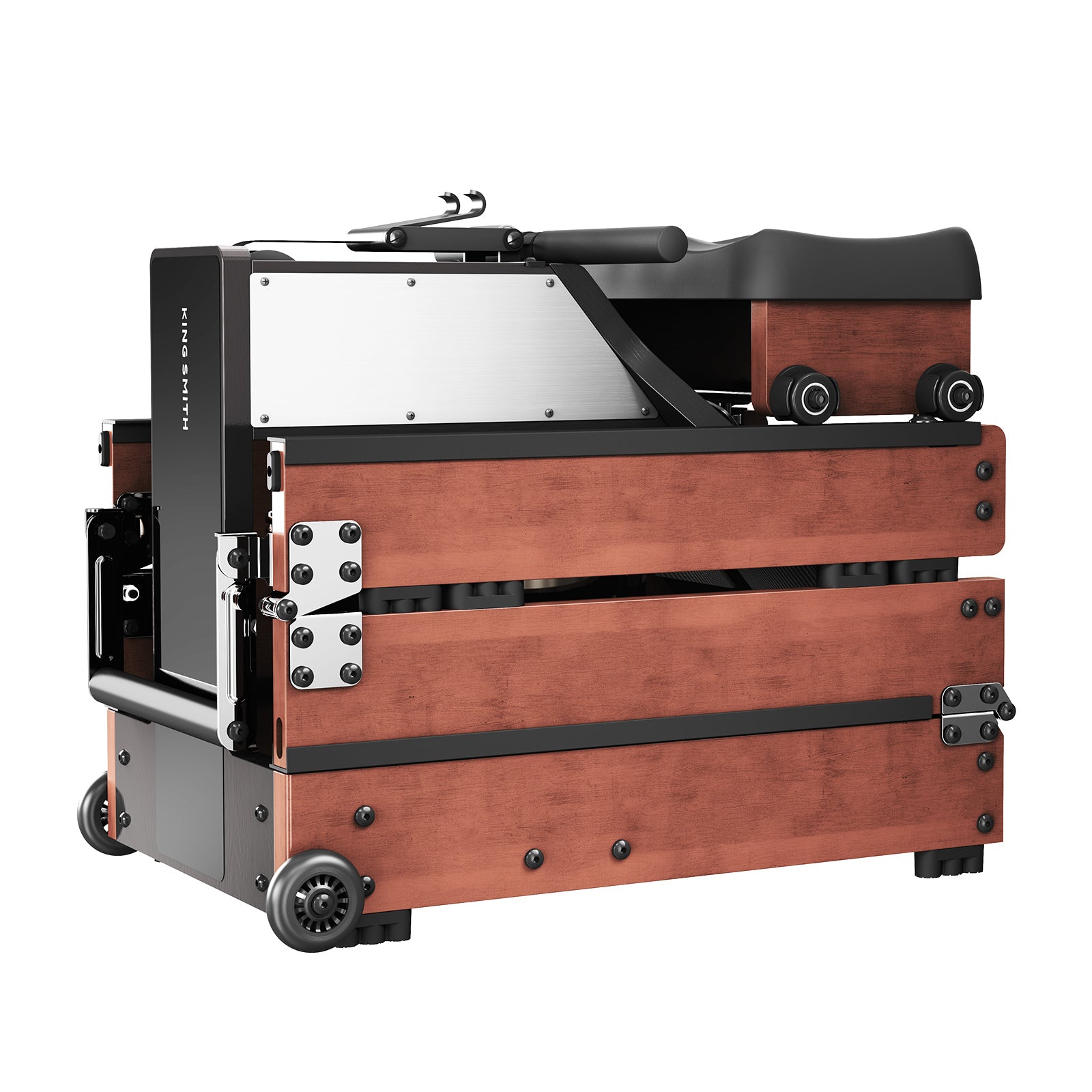 Eine kompakte Espressomaschine mit einem Gehäuse aus Holz und Metall, Rädern für Mobilität und einem modernen Design - perfekt für Räume mit dem Kingsmith WM10 Wasser- & Magnet-Rudergerät, bis 150 kg belastbar.