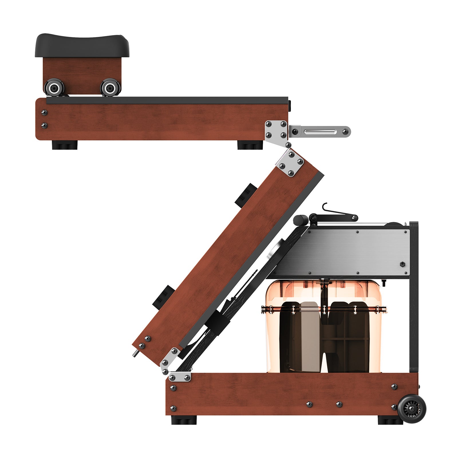 Seitenansicht des Kingsmith WM10 Wasser- & Magnet-Rudergerätes: ein kompaktes, faltbares Holz-Rudergerät mit schwarzem Sitz, sichtbarem Wasserwiderstandstank und bis zu 150 kg Belastbarkeit.