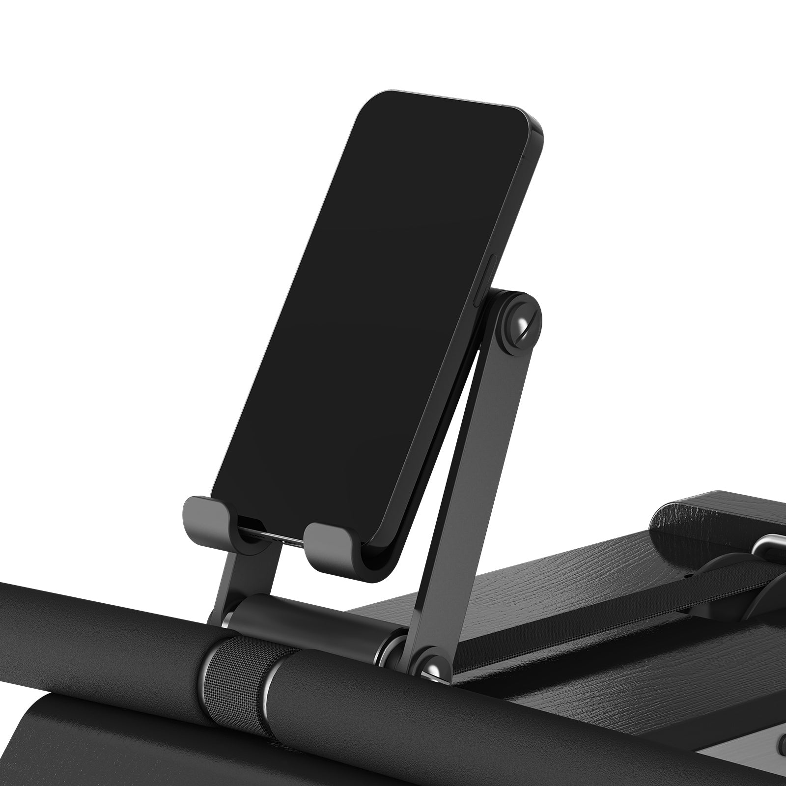 Am Kingsmith WM10 Wasser- & Magnet-Rudergerät (bis 150 kg belastbar) ist ein schwarzer Smartphone-Halter mit verstellbaren Armen montiert, der ein Telefon aufrecht hält.