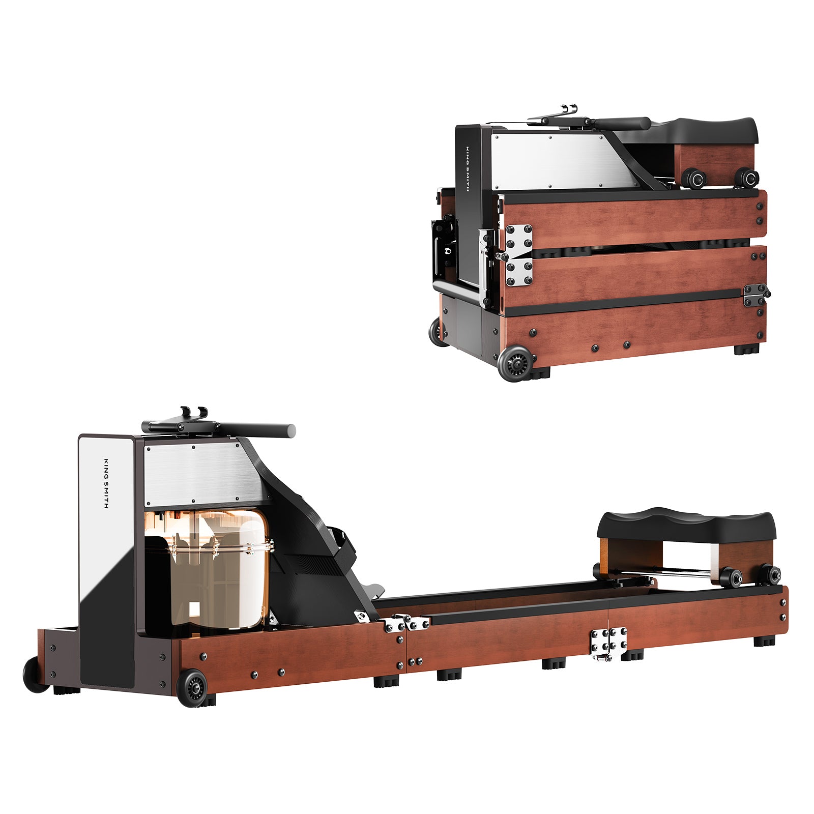 Das Kingsmith WM10 Wasser- & Magnet-Rudergerät mit Holzrahmen, schwarzem Sitz und Wassertank ist bis 150 kg belastbar, dreifach faltbar für platzsparende Aufbewahrung und ideal für das Training zu Hause.