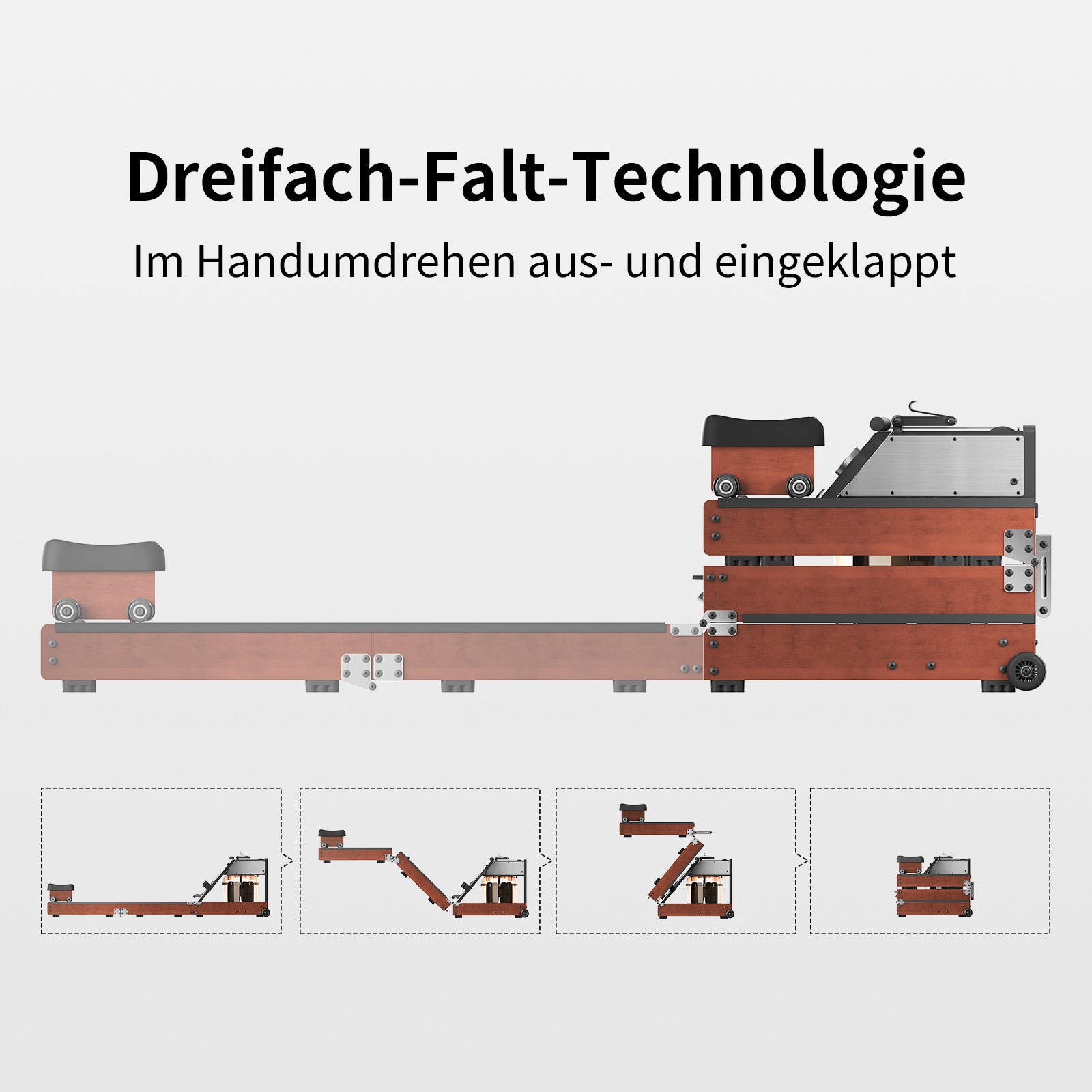 Ein Kingsmith WM10 Wasser- & Magnet-Rudergerät (bis 150 kg) wird voll ausgefahren gezeigt, wobei drei Stufen darunter verdeutlichen, wie sich dieses platzsparende Rudergerät mit Dreifach-Falttechnik in eine kompakte Form faltet.