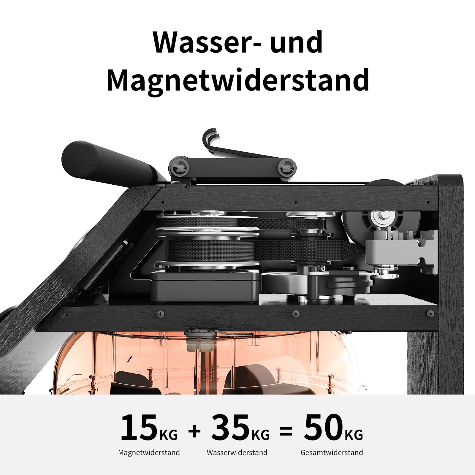 Nahaufnahme des Kingsmith WM10 Wasser- & Magnet-Rudergerätes, mit beschrifteten Innenteilen: 15 kg Magnetwiderstand und 35 kg Wasserwiderstand (insgesamt 50 kg Widerstand), platzsparend und bis 150 kg belastbar.