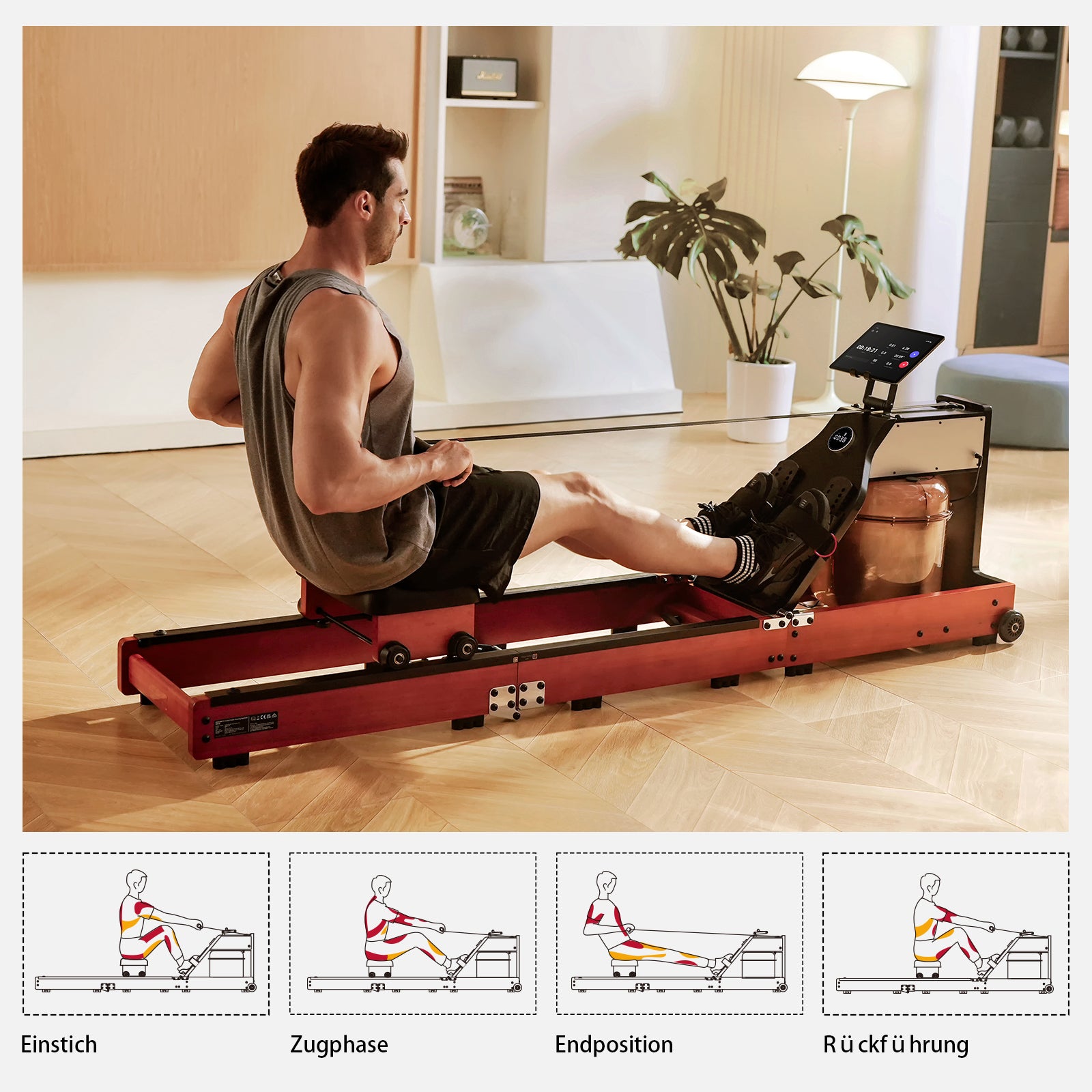 Ein Mann benutzt ein Kingsmith Rudergerät WM10 Rote Reiche in einem modernen Wohnzimmer; die Diagramme unten zeigen Ruderphasen, die auf Deutsch und Vietnamesisch beschriftet sind und ein effektives Heimtraining verdeutlichen.