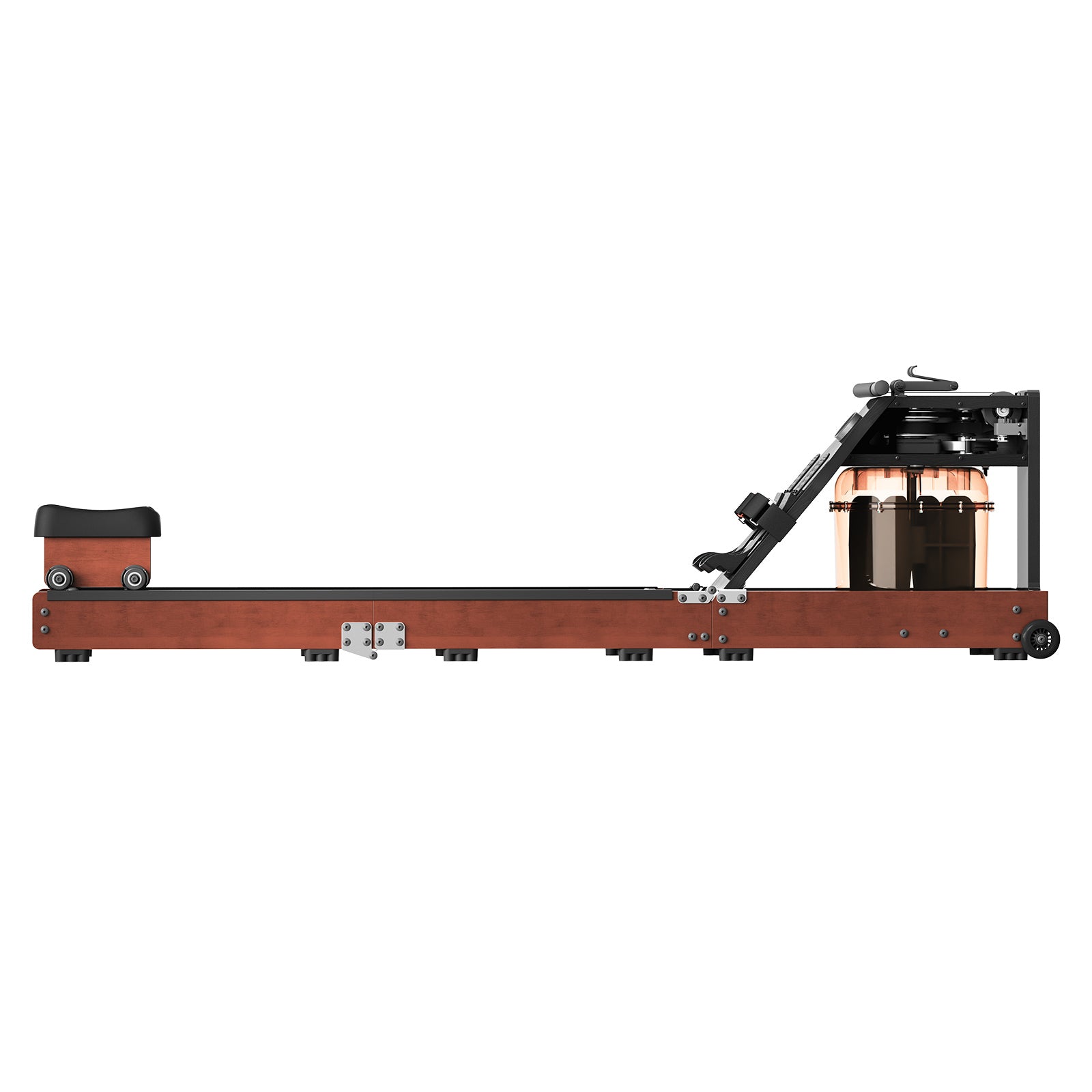 Seitenansicht des Kingsmith WM10 Wasser- & Magnet-Rudergeräts mit Holzrahmen, schwarzem Sitz, Fußstützen, Handgriff und sichtbarem wassergefüllten Widerstandstank; trägt bis zu 150 kg.
