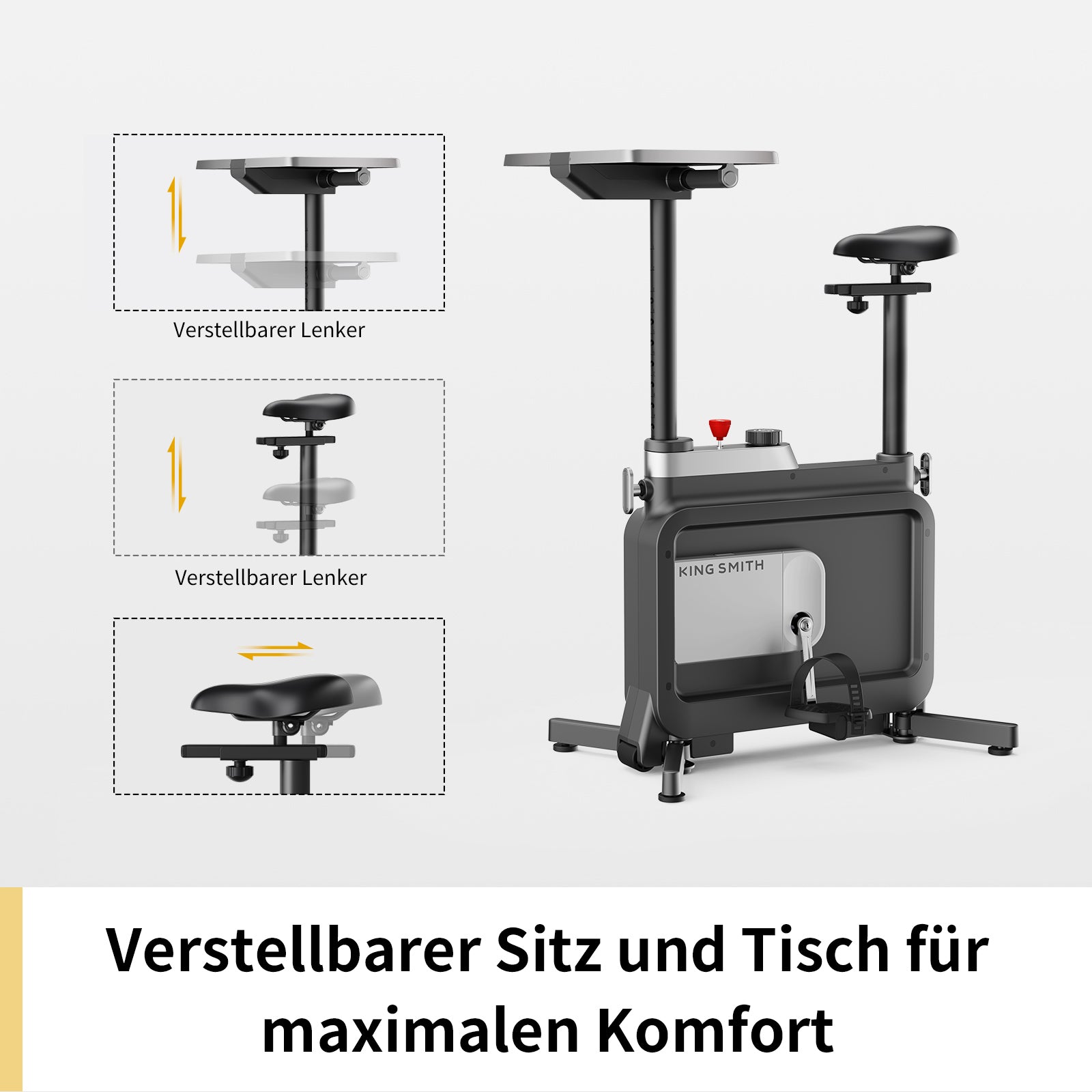 Das Kingsmith Office Bike W1B von Kingsmith bietet einen verstellbaren Sitz, Tisch und Lenker für ergonomischen Komfort. Der deutsche Text hebt dieses platzsparende Fitnessgerät als den idealen Büro-Heimtrainer in drei flexiblen Konfigurationen hervor.
