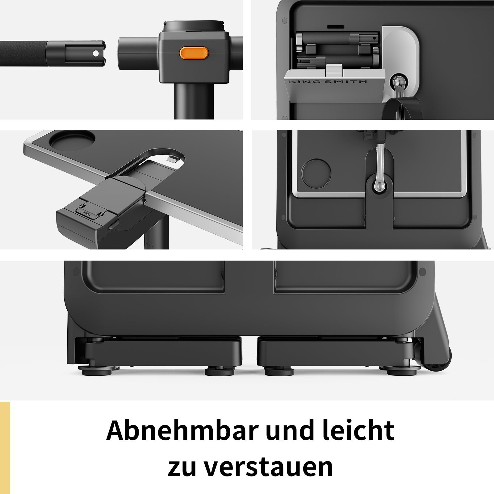 Nahaufnahmen von abnehmbaren Teilen und Funktionen des Kingsmith Office Bike W1B, mit dem deutschen Text "Abnehmbar und leicht zu verstauen". Marke: Kingsmith.
