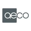 Ein dunkelgraues Logo mit dem Wort aeco; ae befindet sich innerhalb eines Quadrats, während co außerhalb liegt, alles in einer modernen, abgerundeten Schriftart.