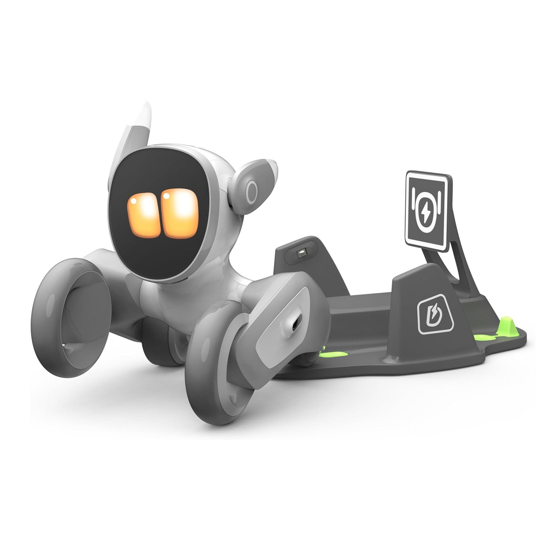 Der KEYi Loona Premium Petbot mit Ladestation, ein kleiner Roboter auf Rädern mit leuchtenden Augen und Hinderniserkennung, sitzt neben seiner Ladestation und einem Schild mit einem Batteriesymbol auf weißem Hintergrund.