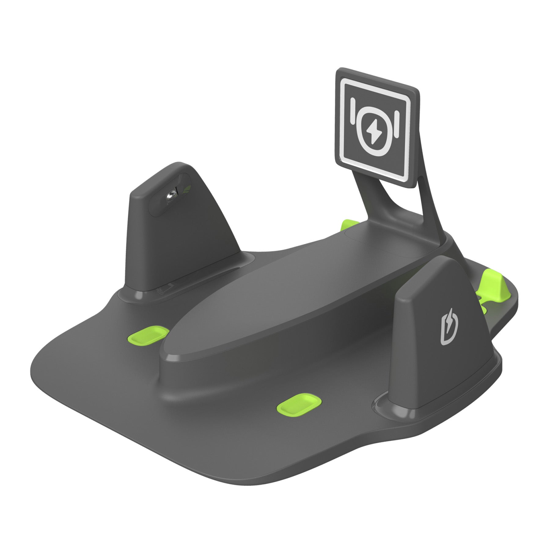 Der KEYi Loona Premium Petbot mit Ladestation ist eine schwarz-grüne Kunststoff-Dockingstation mit einem Power-Symbol und einem aufrecht stehenden Schild, die für den Roboterhund mit fortschrittlicher Gesichtserkennung entwickelt wurde.