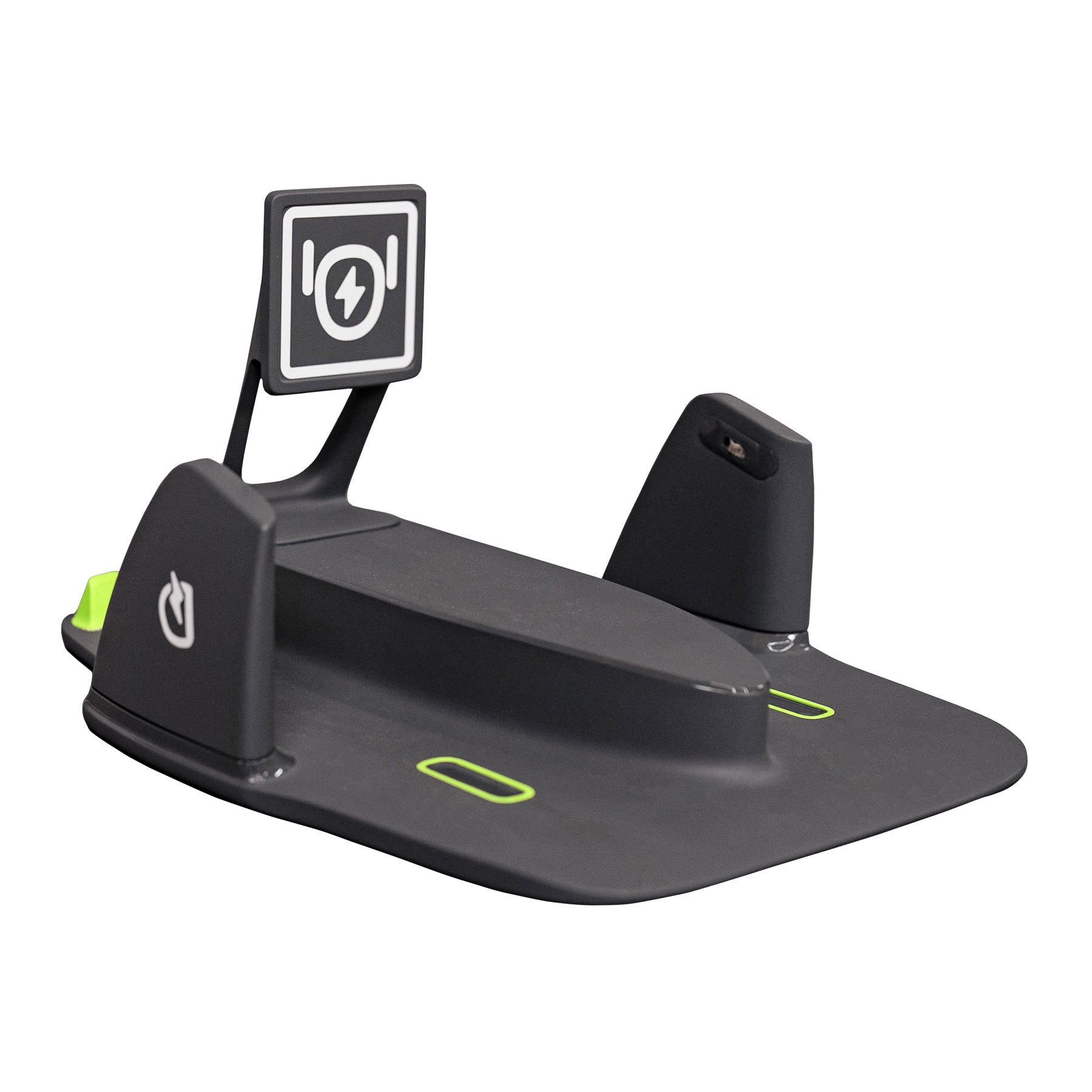 Der KEYi Loona Premium Petbot mit Ladestation verfügt über eine schwarze kabellose Ladestation mit Stromtasten, grünen Akzenten und Steckplätzen für Geräte - perfekt zum Aufladen Ihres Petbot oder anderer intelligenter Geräte.