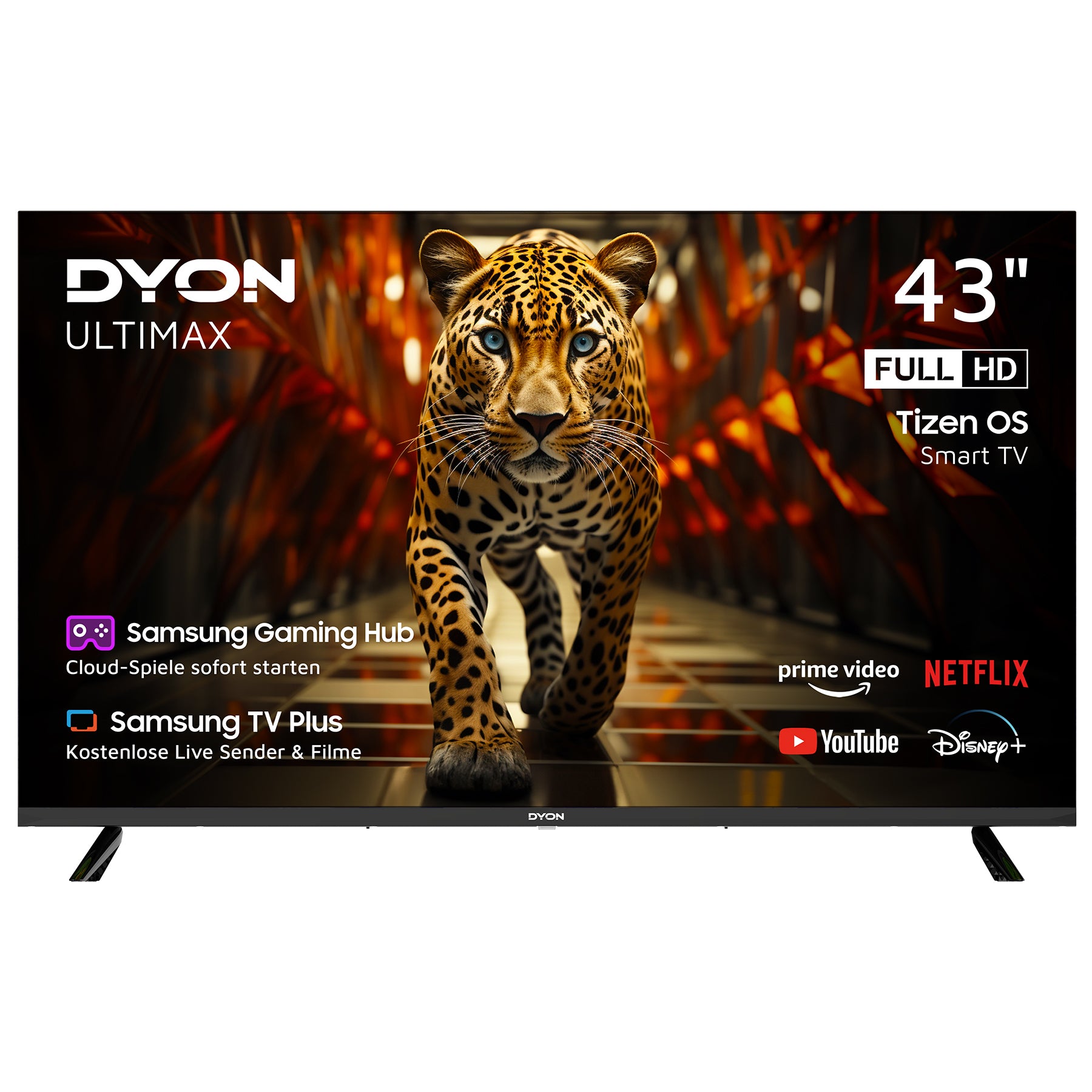 Ein 43-Zoll Dyon Ultimax 43F-TI Smart TV (108 cm) zeigt einen Leoparden auf dem Bildschirm, während auf der linken Seite die Logos der Apps YouTube, Netflix, Prime Video und Disney+ sowie die Highlights der Funktionen angezeigt werden.