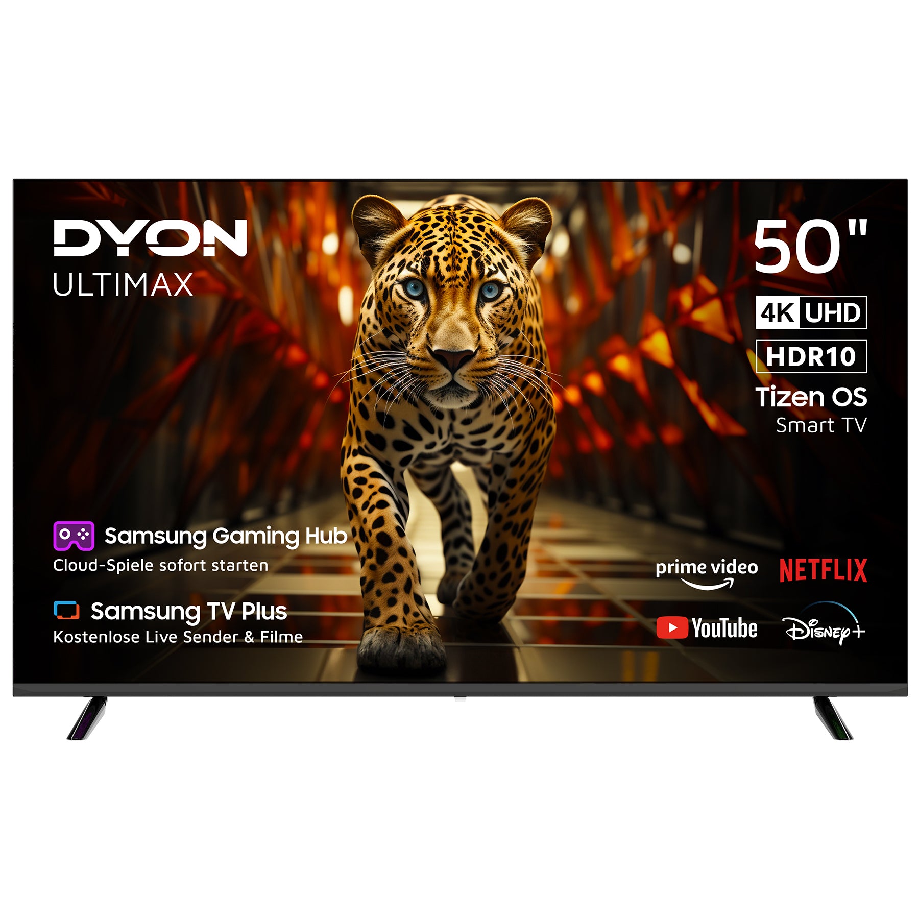 Ein Leopard erscheint auf dem 50-Zoll-Smart-TV Dyon Ultimax 50U-TI, der mit 4K UHD, HDR10, Tizen OS und Unterstützung für beliebte Streaming-Apps ausgestattet ist.