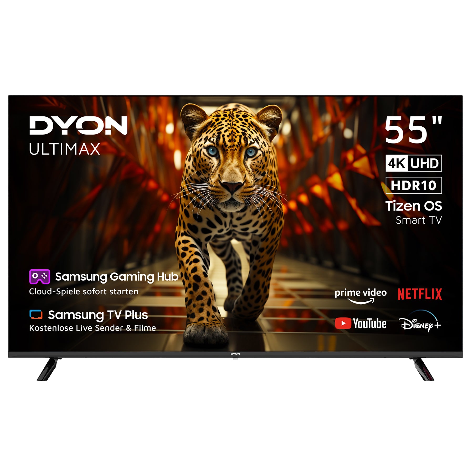 Ein 55-Zoll Dyon Ultimax 55U-TI Smart TV zeigt einen Leoparden auf dem Bildschirm, mit Logos von Streaming-Diensten und Funktionen wie beeindruckendem 4K UHD, HDR10 und Tizen OS.