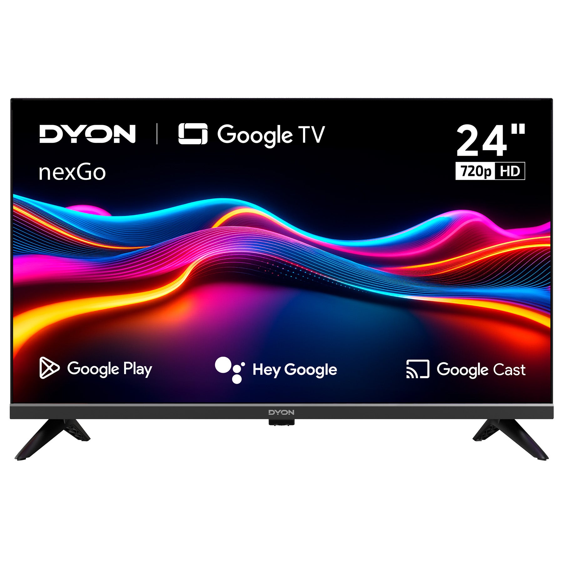 Der Dyon nexGo 24H Smart LED TV (24 Zoll, 60 cm) verfügt über Google TV, bunte Wellengrafiken und Logos für Google Play, Hey Google und Google Cast. Er bietet eine HD-Auflösung von 720p.