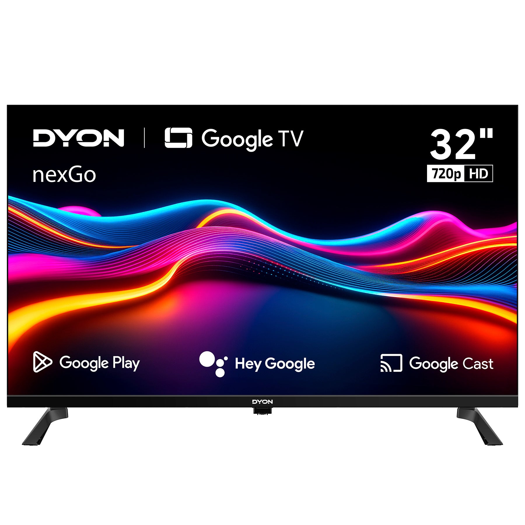 Der Dyon nexGo 32H Smart LED-Fernseher (32 Zoll, 80 cm) zeigt lebendige Wellengrafiken mit Google Play-, Hey Google- und Google Cast-Symbolen. Der Bildschirm ist mit 720p HD angegeben.