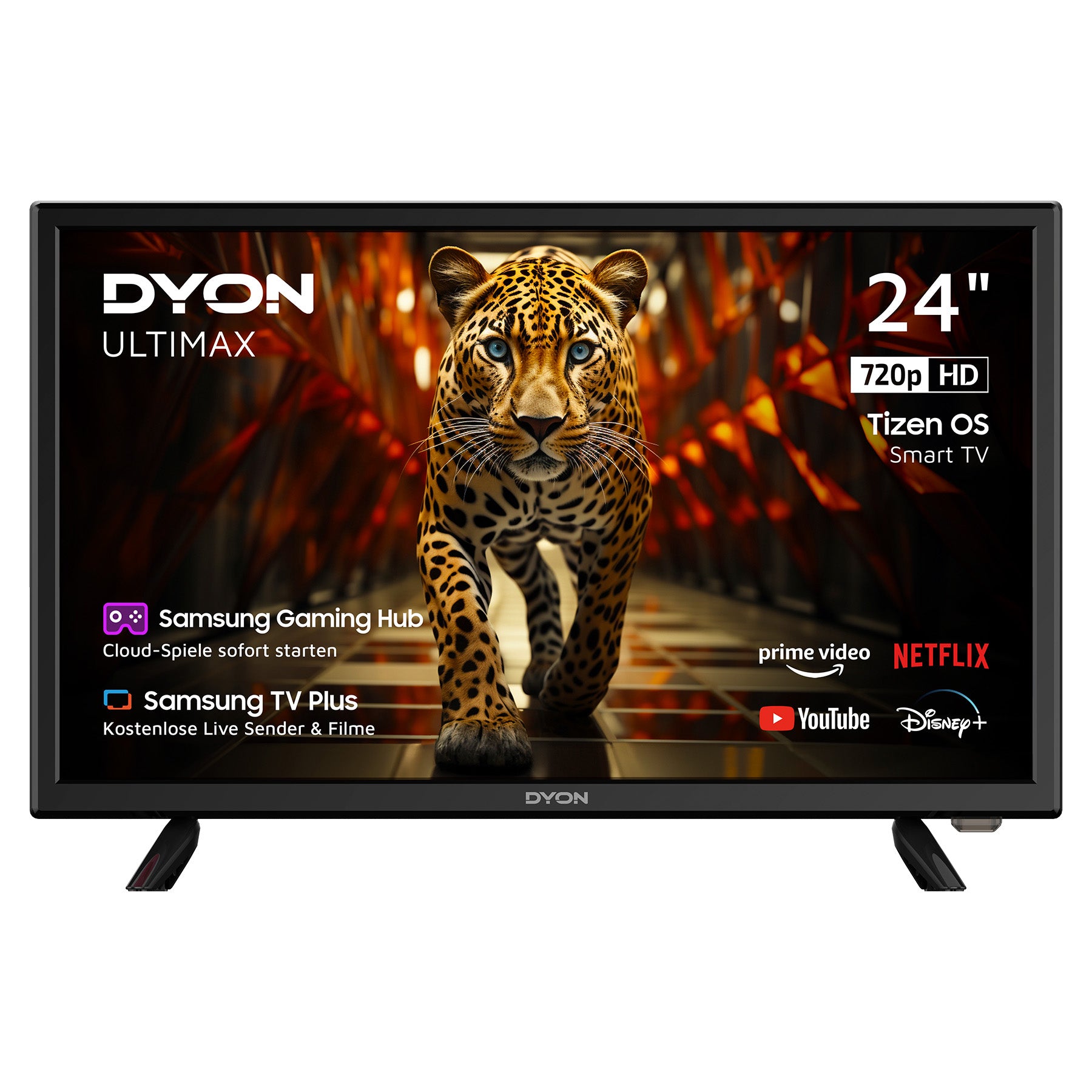 Ein Dyon Ultimax 24H-TI-W Smart TV (24", 60 cm) zeigt einen Leoparden auf dem Bildschirm, umgeben von Logos für Streaming-Apps wie Netflix, YouTube, Disney+ und Amazon Prime Video.