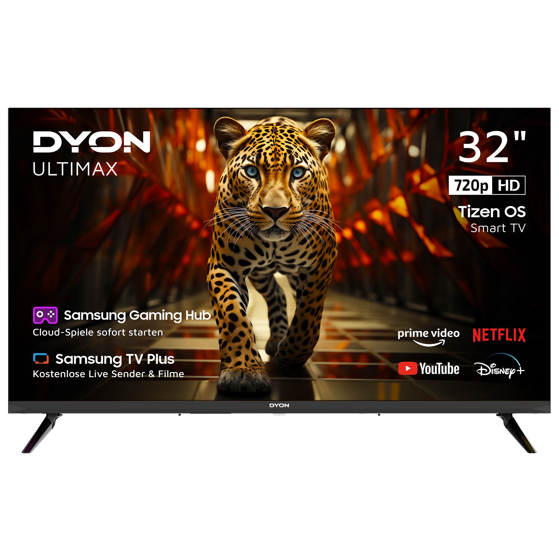 Ein Dyon Ultimax 32H-TI-W Smart TV (32 Zoll, 80 cm) zeigt einen Leoparden auf dem Bildschirm, wobei Logos von Streaming-Apps und wichtige TV-Funktionen auf dem Display hervorgehoben werden.