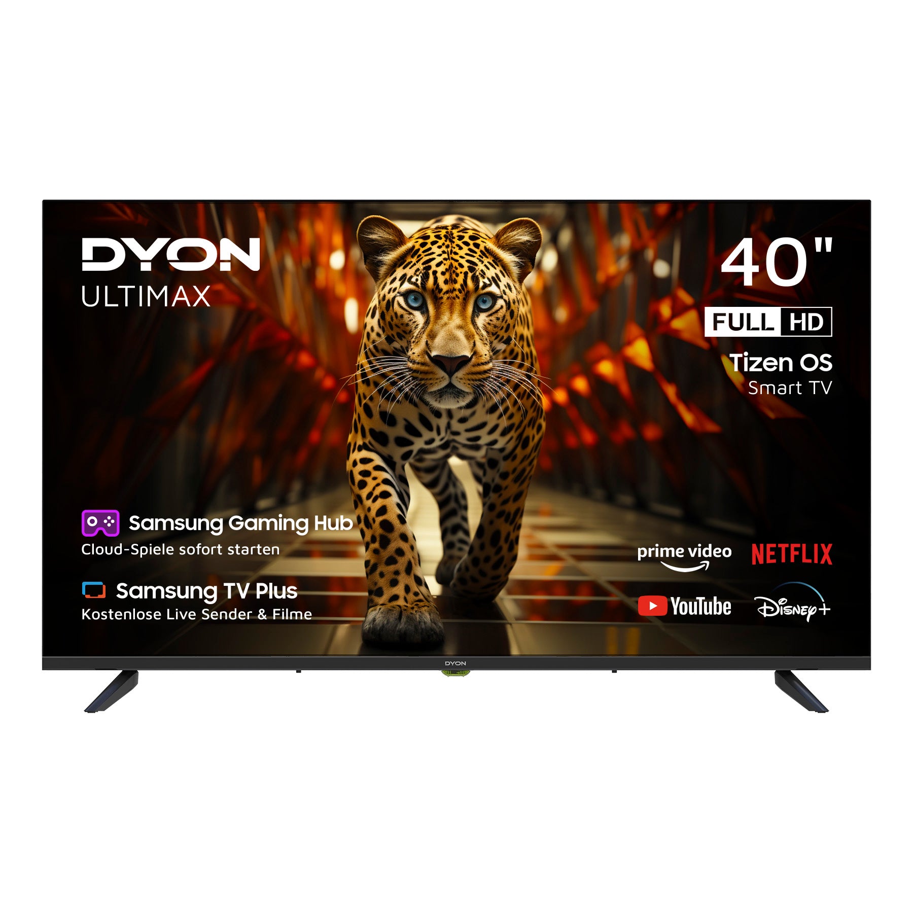 Auf dem Bildschirm eines 40" Dyon Ultimax 40F-TI Full HD Smart TV erscheint ein Leopard, während unten die Logos von Netflix, Prime Video und Disney+ angezeigt werden.