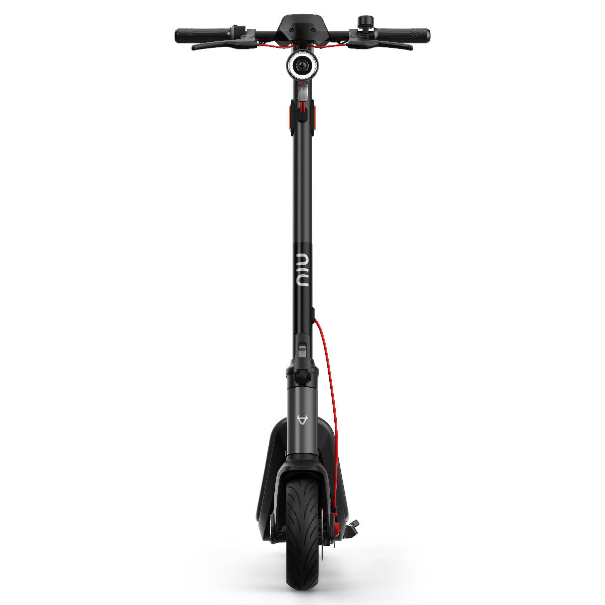 Frontansicht des NIU KQi3 Max E-Scooters in Schwarz. Man sieht das einzelne Vorderrad, den Lenker, den zentralen Scheinwerfer, die sichtbaren roten Bremszüge und die robusten selbstheilenden Reifen.