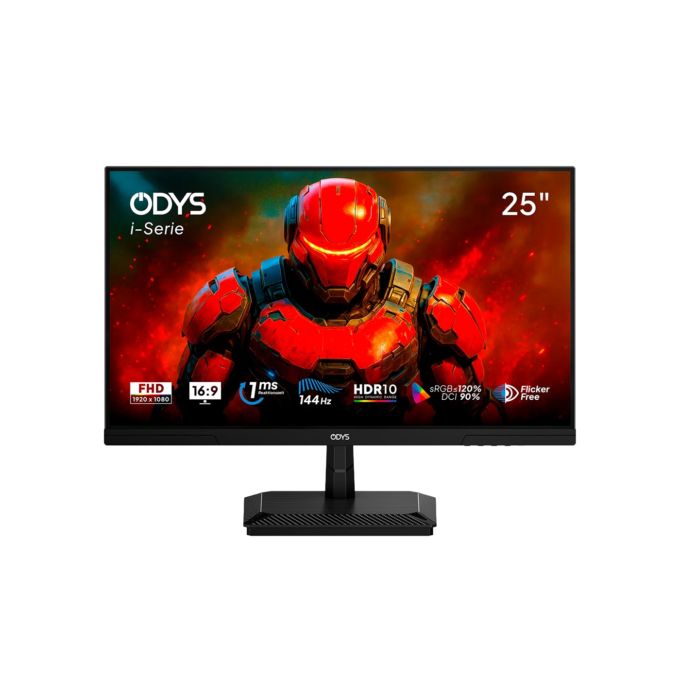 Der 25-Zoll Odys i25-F-144 Flat Gaming Monitor zeigt ein lebendiges Bild einer rot gepanzerten Figur und hebt Specs wie FHD, 16:9, 1ms Reaktionszeit, 144Hz Bildwiederholrate, HDR10-Unterstützung und sRGB 120% Abdeckung hervor.