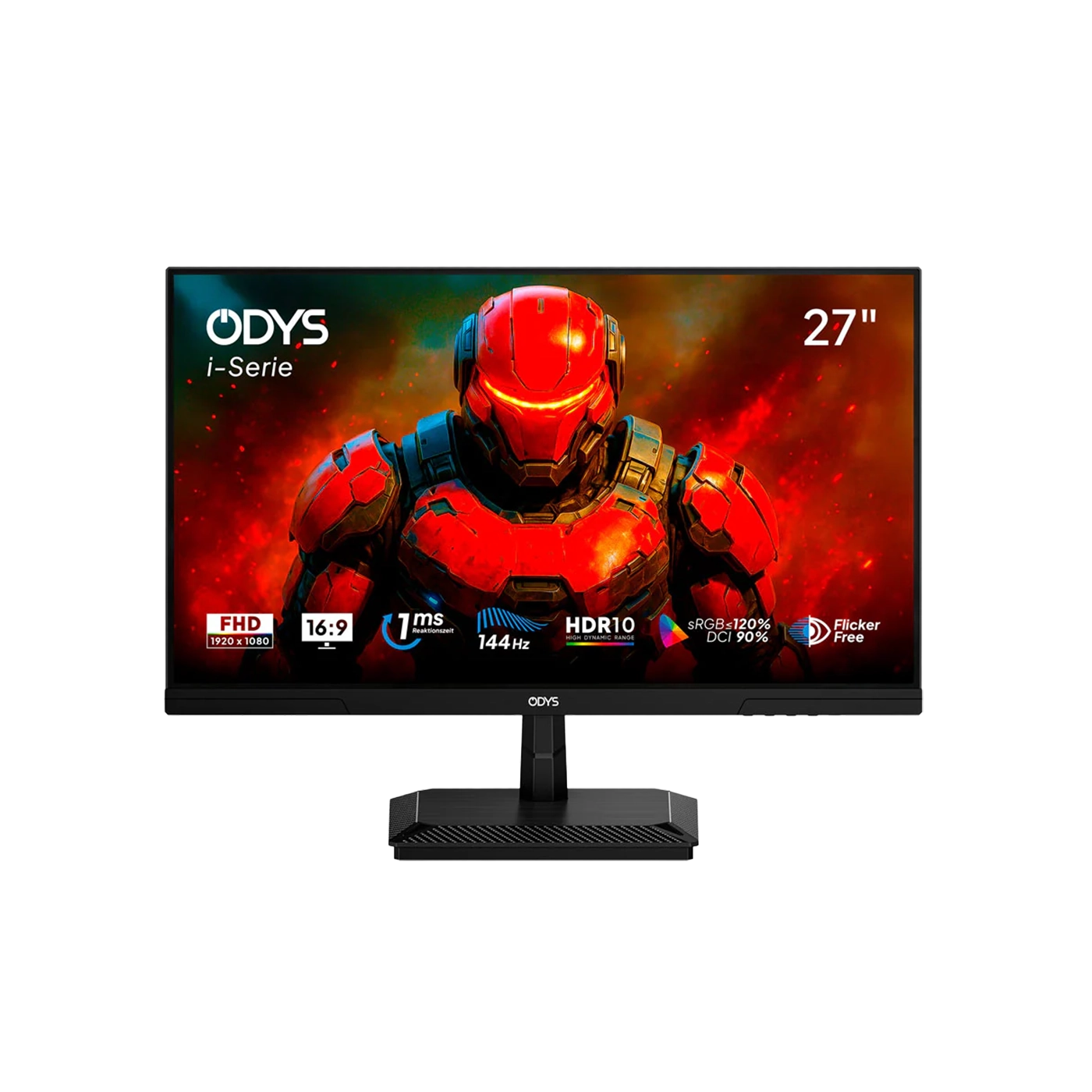 Der Odys i27-F-144 Flat Gaming Monitor (27 Zoll, 69 cm) zeigt einen rot gepanzerten Charakter und bietet FHD, 16:9 Verhältnis, 7ms Reaktionszeit, 144Hz Bildwiederholrate, HDR10 Unterstützung und sRGB 120%.