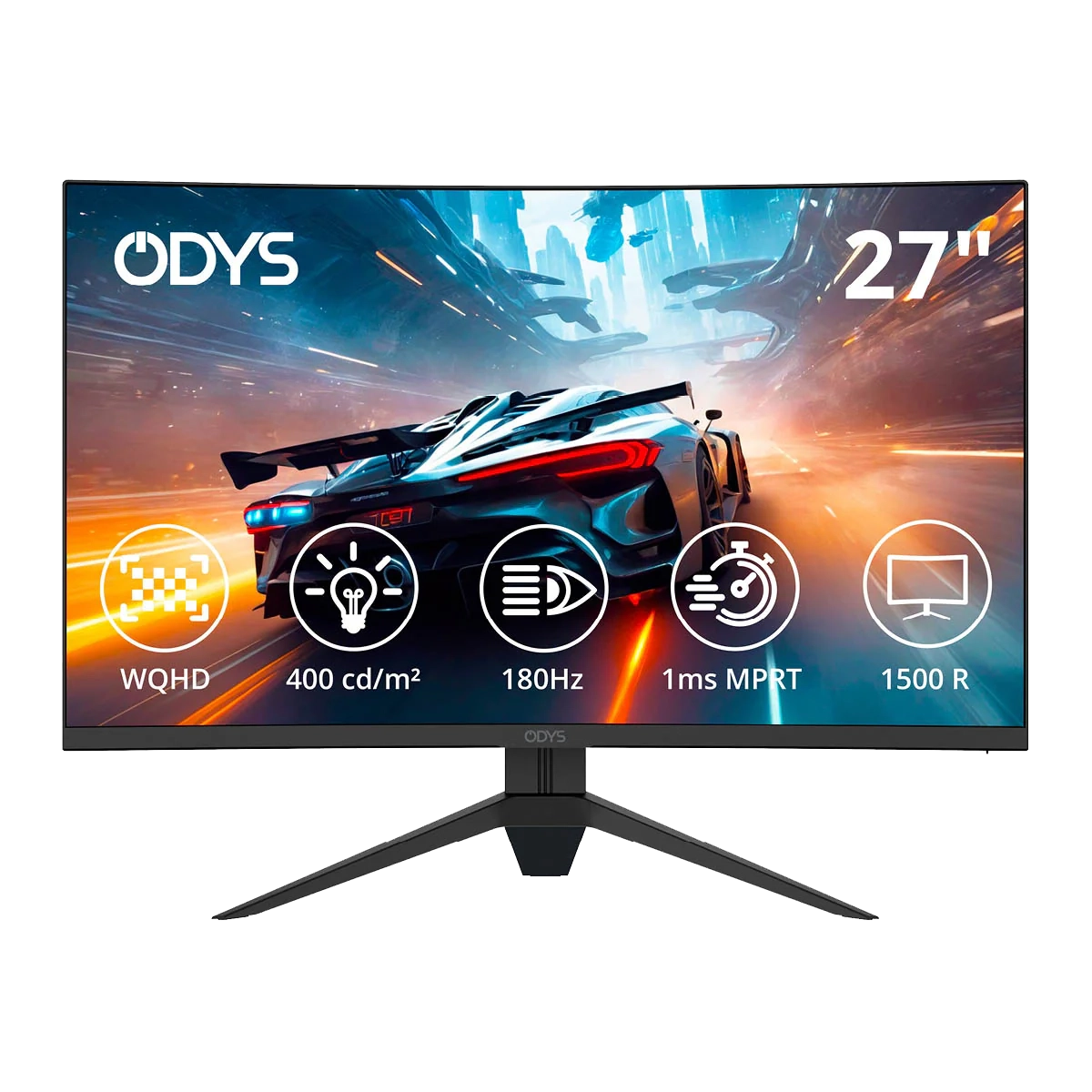 Der Odys Q27 PRO-X Curved Gaming Monitor verfügt über ein 27-Zoll-WQHD-Display, eine Bildwiederholfrequenz von 180 Hz, eine MPRT von 1 ms und eine 1500R-Krümmung - ideal für packende Rennspiele.