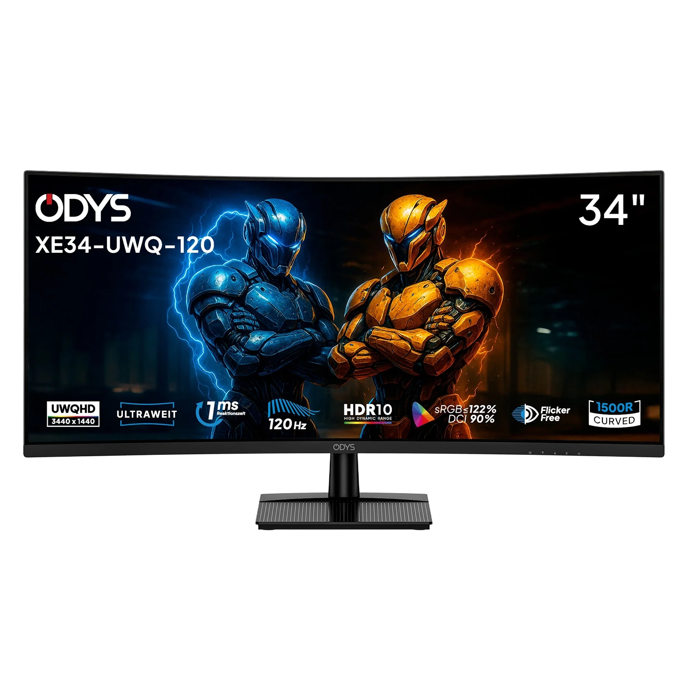 Der 34-Zoll Odys XE34-UWQ-120 Curved Gaming Monitor zeigt zwei gepanzerte Figuren und hebt Merkmale wie UWQHD-Auflösung, 120Hz Bildwiederholrate, HDR10-Unterstützung und eine 1500R-Kurve hervor.