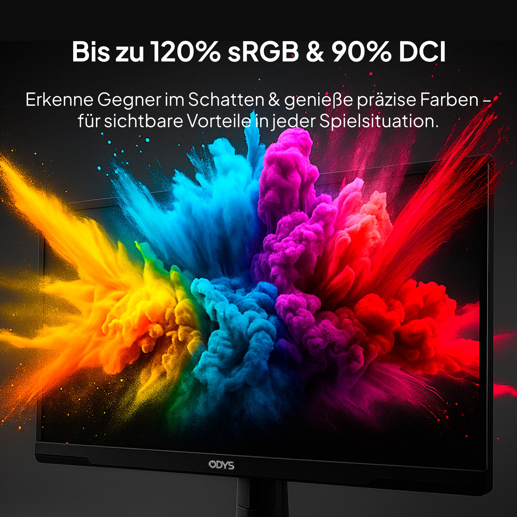 Der Odys i27-F-144 27-Zoll-Gaming-Monitor bietet mit 120 % sRGB und 90 % DCI präzise Farben - perfekt für ein intensives Spielerlebnis.
