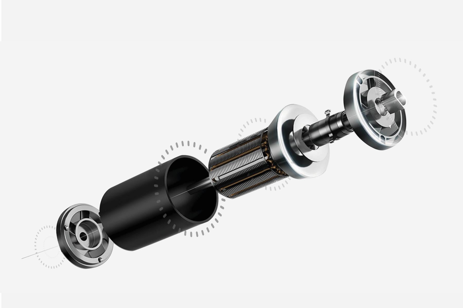 Explosionszeichnung eines zylindrischen Elektromotors, der im Kingsmith WalkingPad G1 Klappbares Laufband mit Handläufen verwendet wird, mit Darstellung der Innenteile wie Gehäuse, Rotor, Stator und Endkappen für die Verwendung im Heim-Laufband.