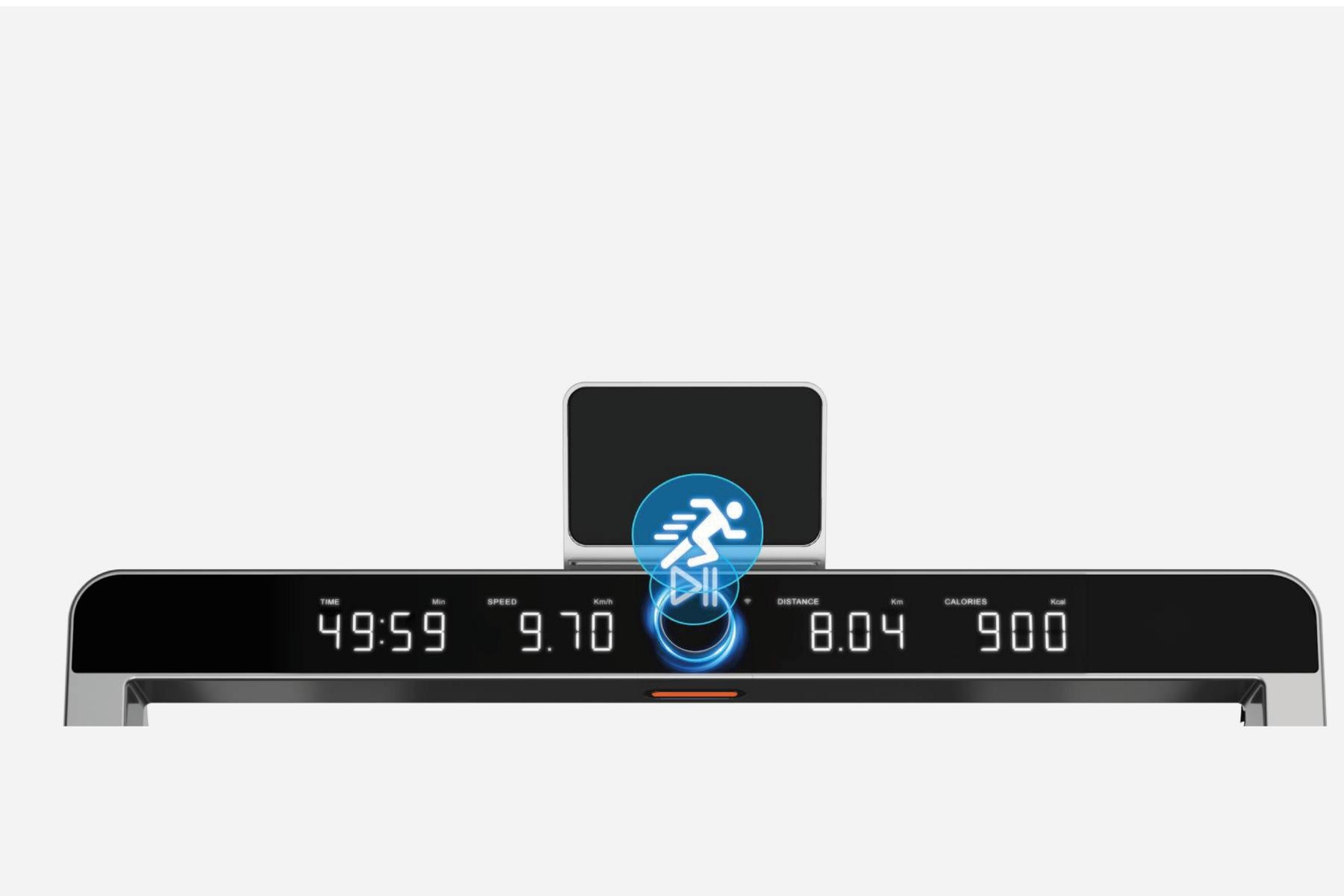 Das Kingsmith WalkingPad G1 – klappbares Laufband mit 12 km/h, 110 kg Tragkraft und Handlauf – zeigt 49:59 Minuten, 9,70 Geschwindigkeit, 8,04 Kilometer und 900 Kalorien auf dem Display sowie ein Pausensymbol in der Mitte – ideal für effiziente und interaktive Trainingseinheiten mit integrierter App-Funktion auf deinem Laufband für zu Hause.