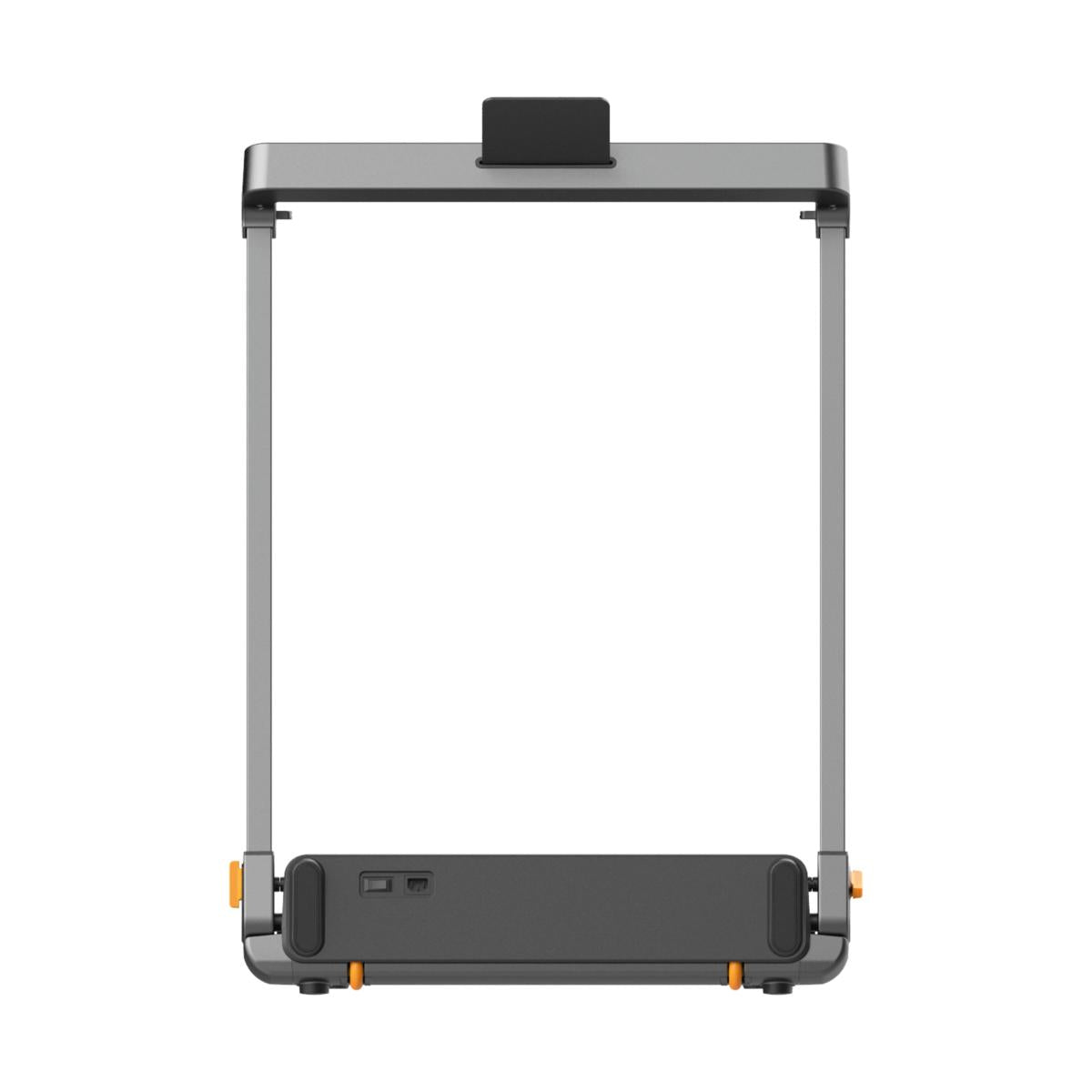Das Kingsmith WalkingPad G1 Klappbares Laufband mit Handläufen ist ein rechteckiges Laufband mit einem Clip an der Oberseite, einem USB-Anschluss und einer Einschalttaste an der Unterseite, ideal als Laufband zuhause, abgebildet vor einem weißen Hintergrund.