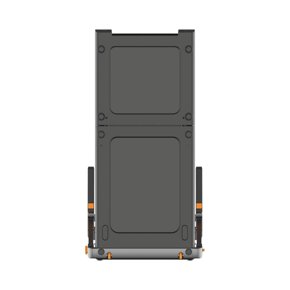Vorderansicht des Kingsmith WalkingPad G1 Klappbares Laufband mit Handläufen in Grau, mit einem rechteckigen Industriedesign mit zwei großen Platten und orangefarbenen Akzenten an den Seiten und am Boden.