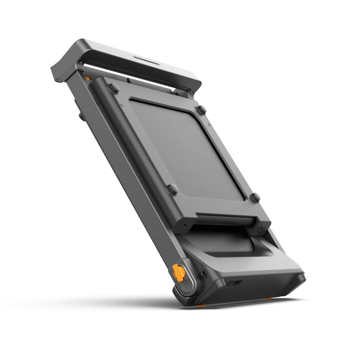 Das Kingsmith WalkingPad G1 Klappbares Laufband mit Handläufen ist ein graues, rechteckiges Fitnessgerät mit verstellbarem Standfuß und orangenen Akzenten - perfekt als faltbares Laufband für zuhause.