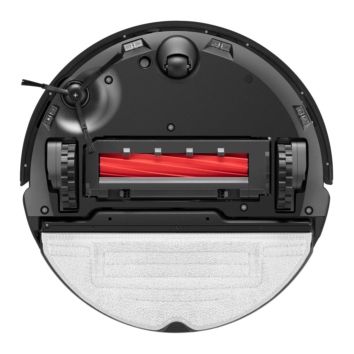 Ansicht der Unterseite des Roborock S7 Max Ultra Black Staubsaugers mit Rädern, Hauptbürste, Seitenbürste und Reinigungskissen.