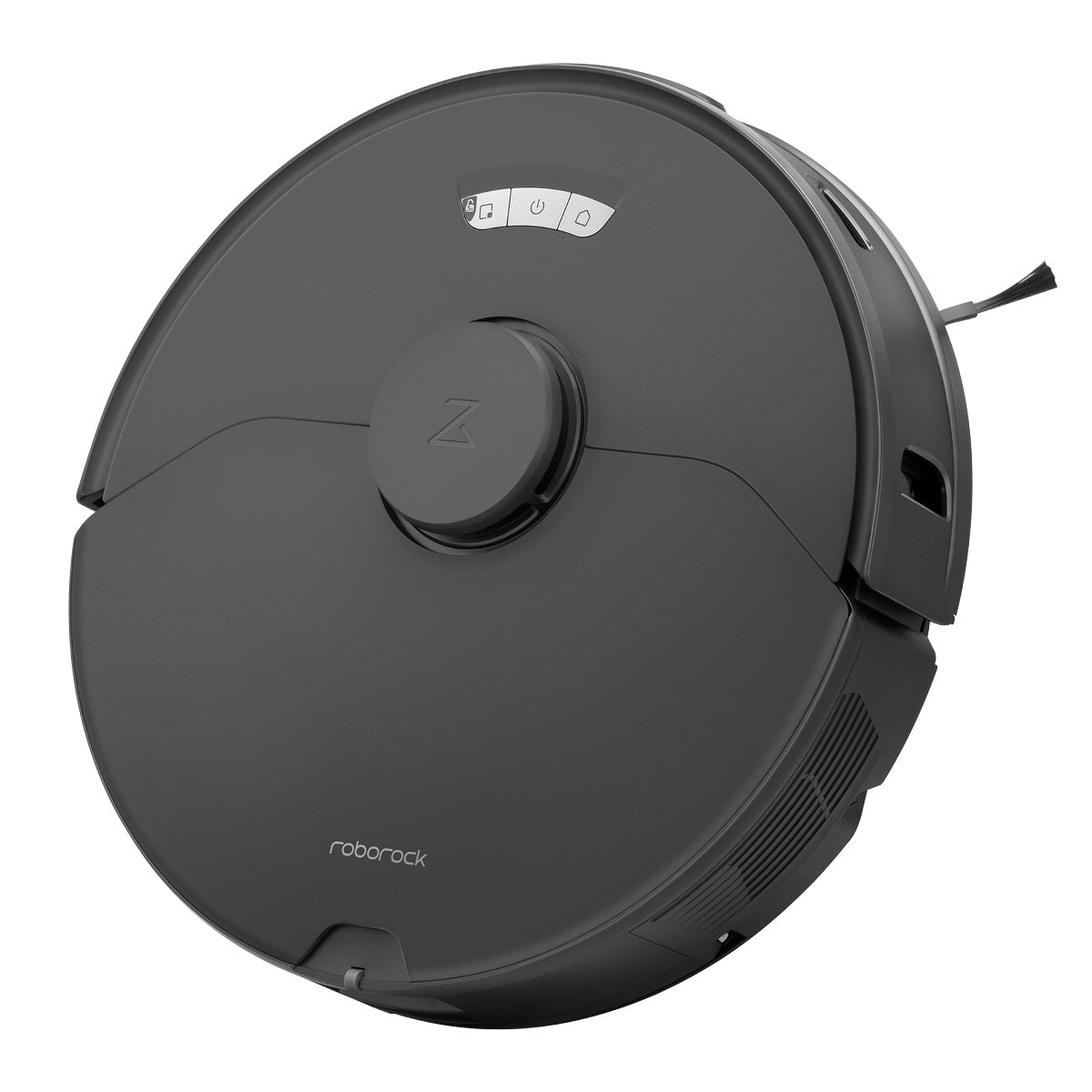 Der Roborock S7 Max Ultra Black Staubsauger, ein kreisförmiges Robotermodell mit Bedientasten an der Oberseite, wird schräg vor einem weißen Hintergrund gezeigt.
