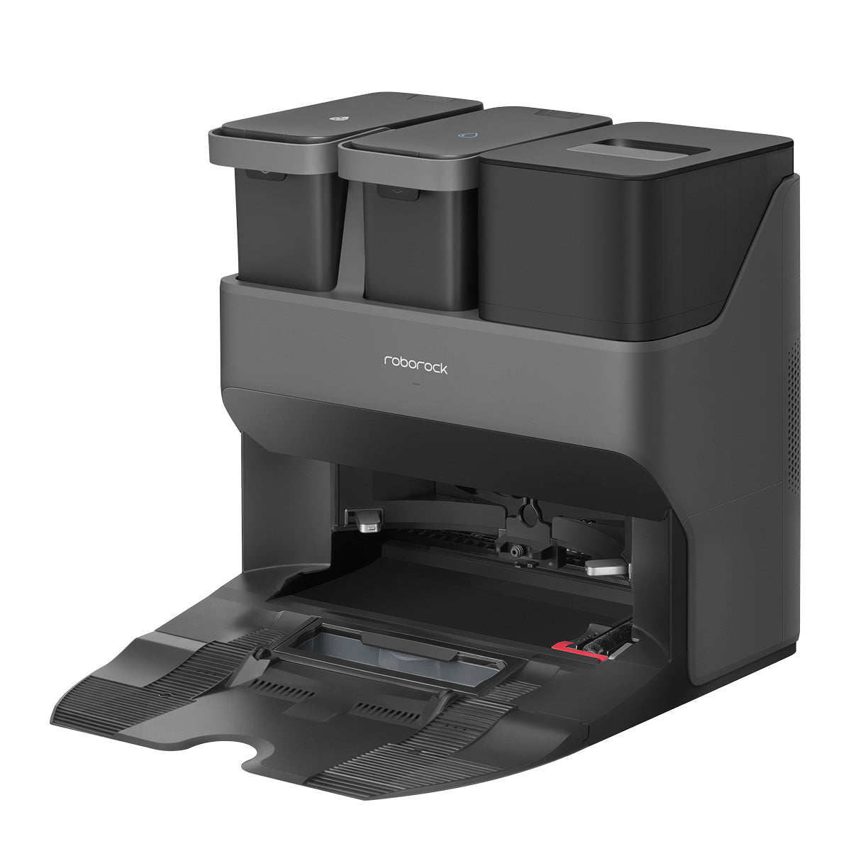 Der Roborock S7 Max Ultra Black Staubsauger verfügt über eine schwarze Dockingstation mit zwei rechteckigen Behältern an der Oberseite und einem offenen Fach an der Vorderseite.