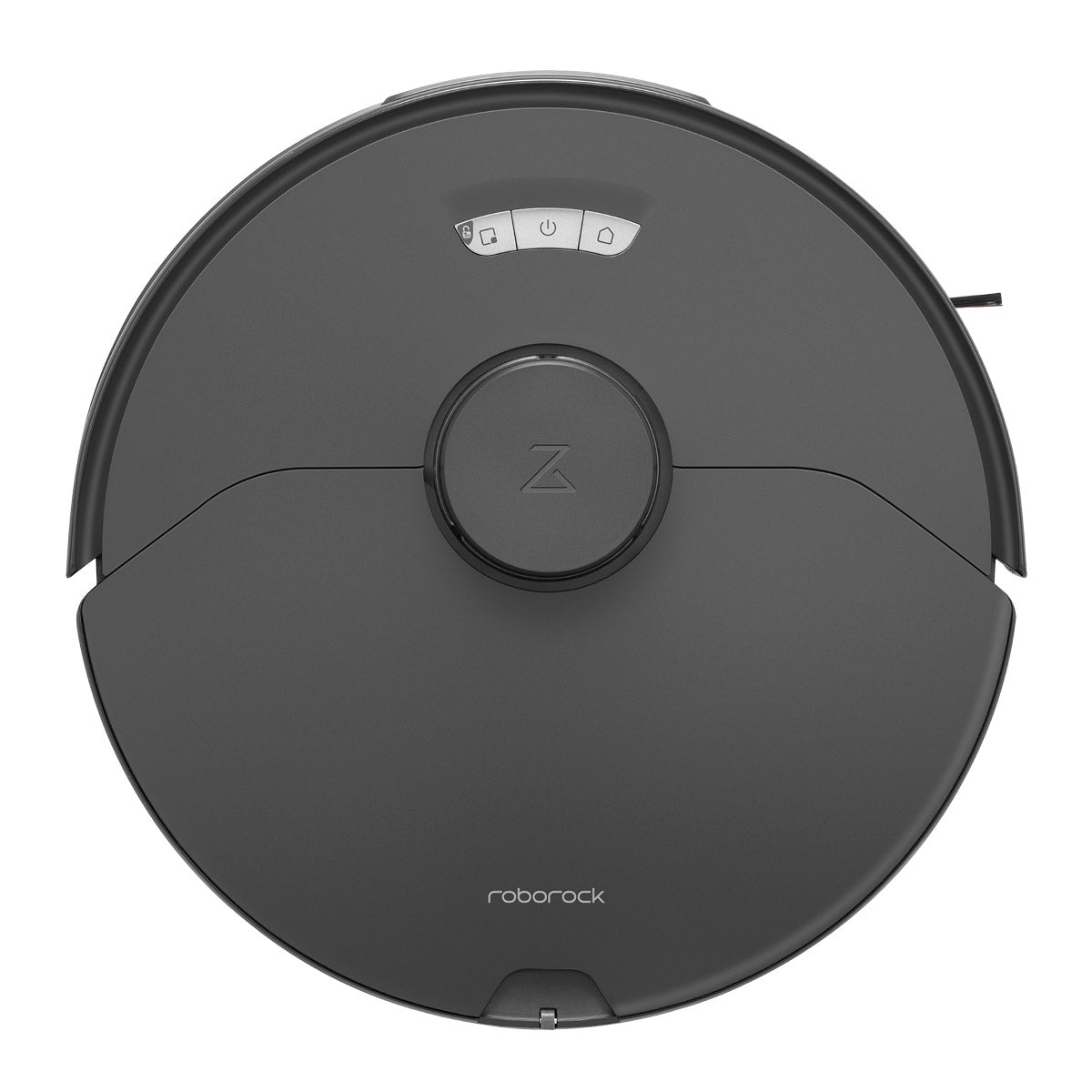 Die Draufsicht auf den Roborock S7 Max Ultra Black Staubsauger hebt seine runde Form und das obere Bedienfeld hervor.